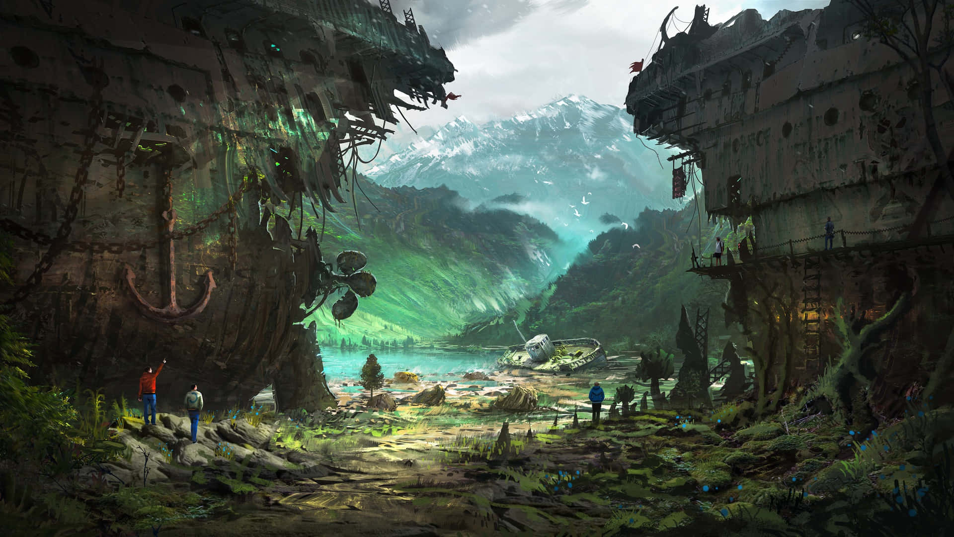post-apocalyptic world, rusty shipwrecks, lush valley, Full HD Desktop Wallpaper