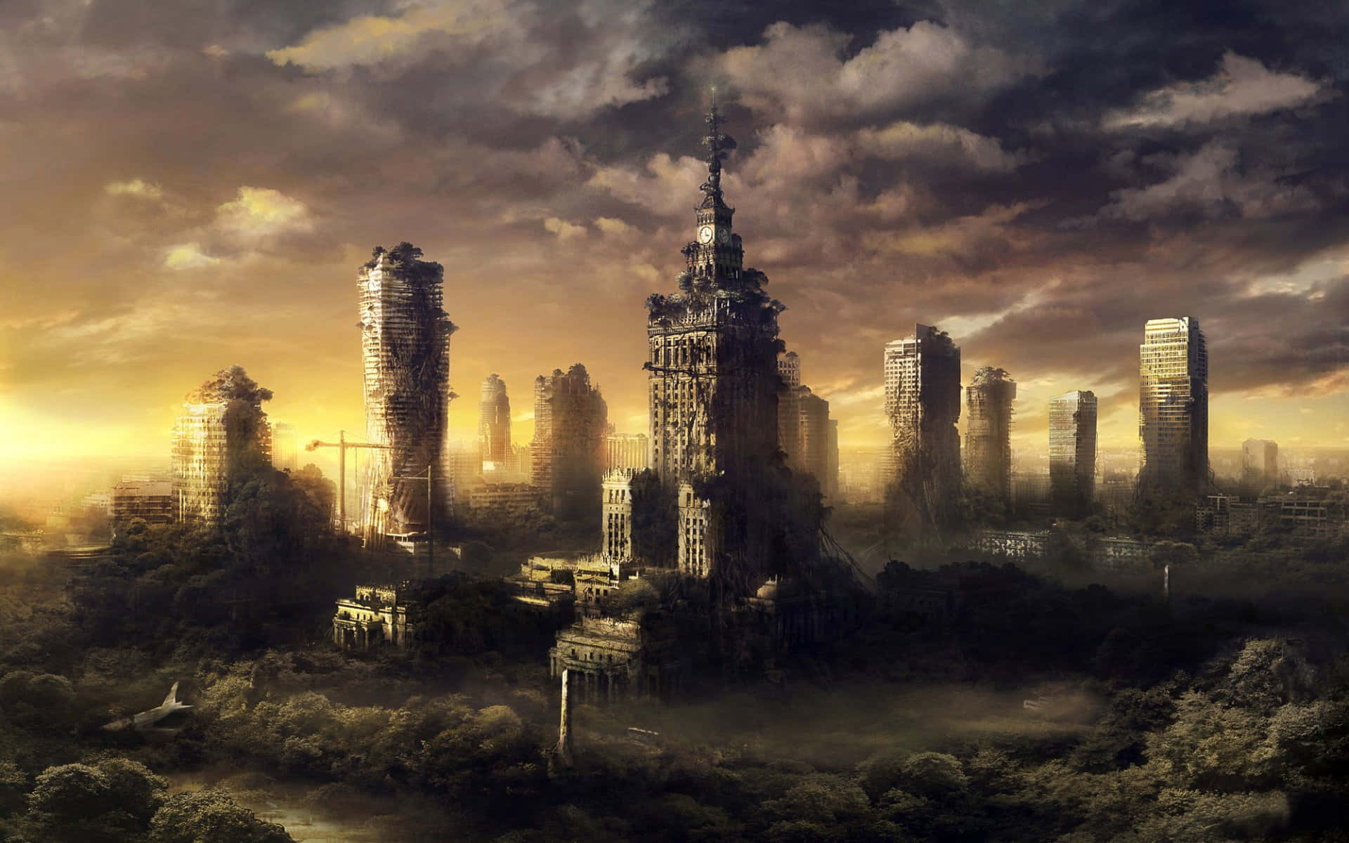 ruined futuristic cityscape, skyscrapers overtaken by nature, sunset, Full HD Desktop Wallpaper