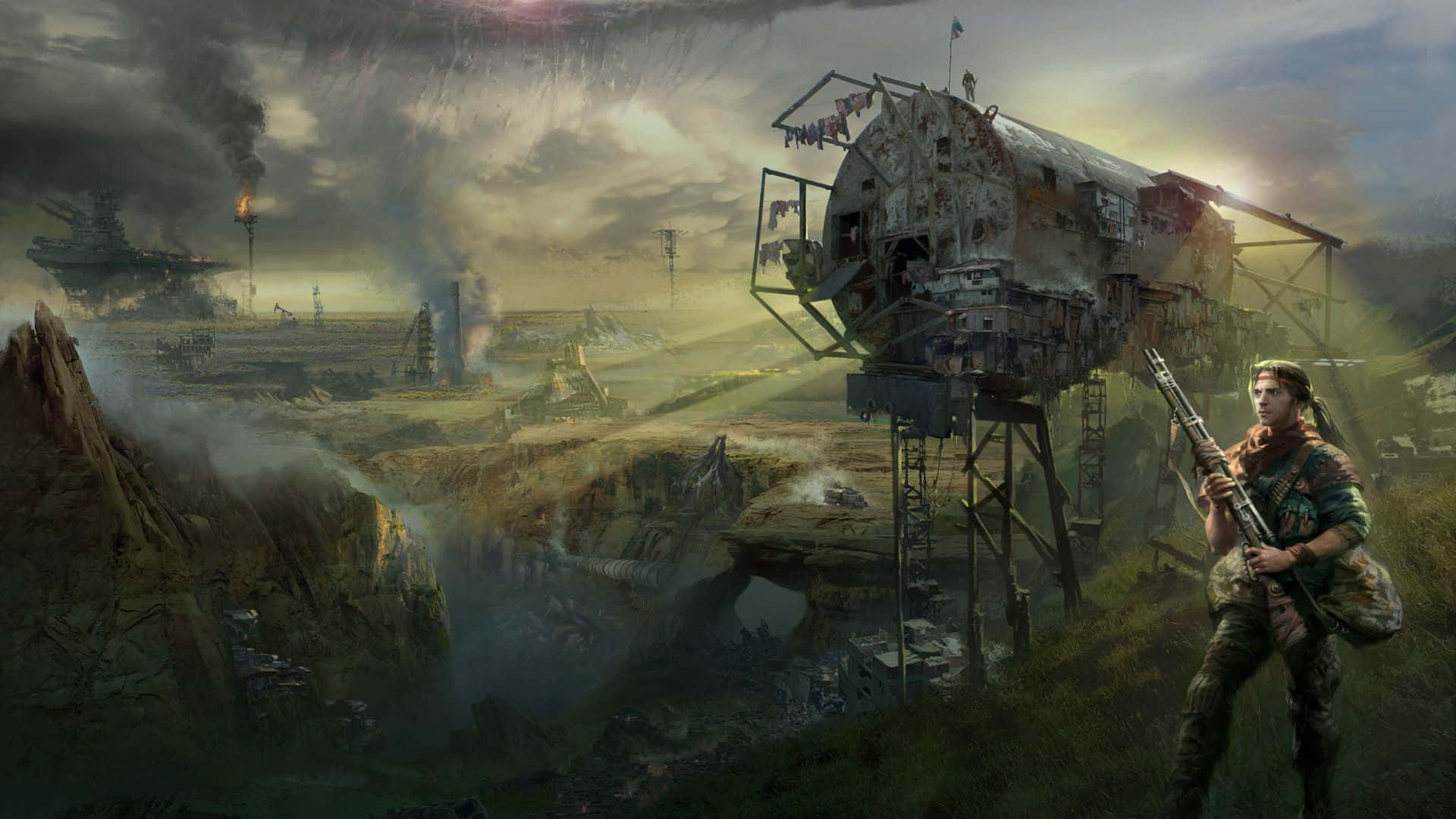 lone soldier, cliff, ruined industrial wasteland, Full HD Desktop Wallpaper