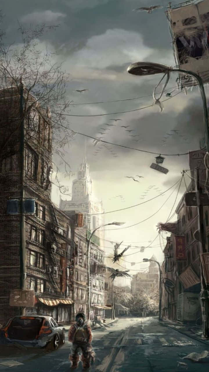gas mask, rain-slicked, debris-strewn urban street, HD Phone Wallpaper