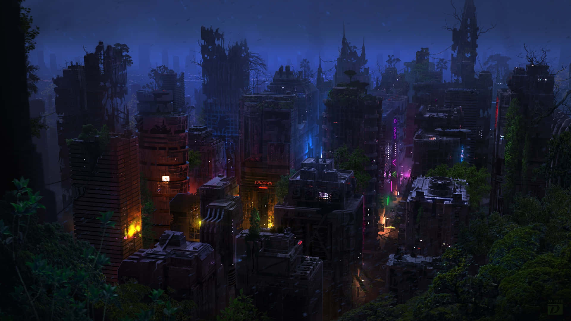 dystopian cityscape, neon lights, overgrown skyscrapers, Full HD Desktop Wallpaper