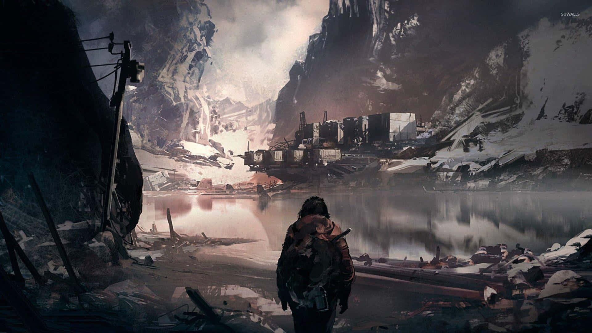frozen lake, ruined industrial complex, snow-covered mountains, Full HD Desktop Wallpaper