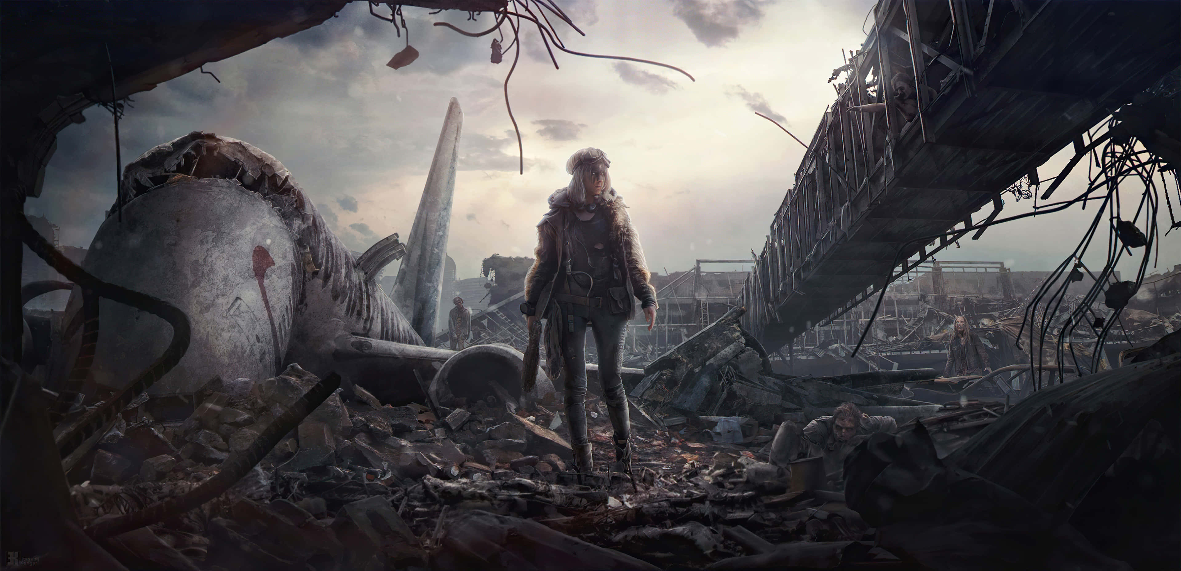 wrecked area, ruined cityscape, collapsed buildings, 4K Desktop Wallpaper