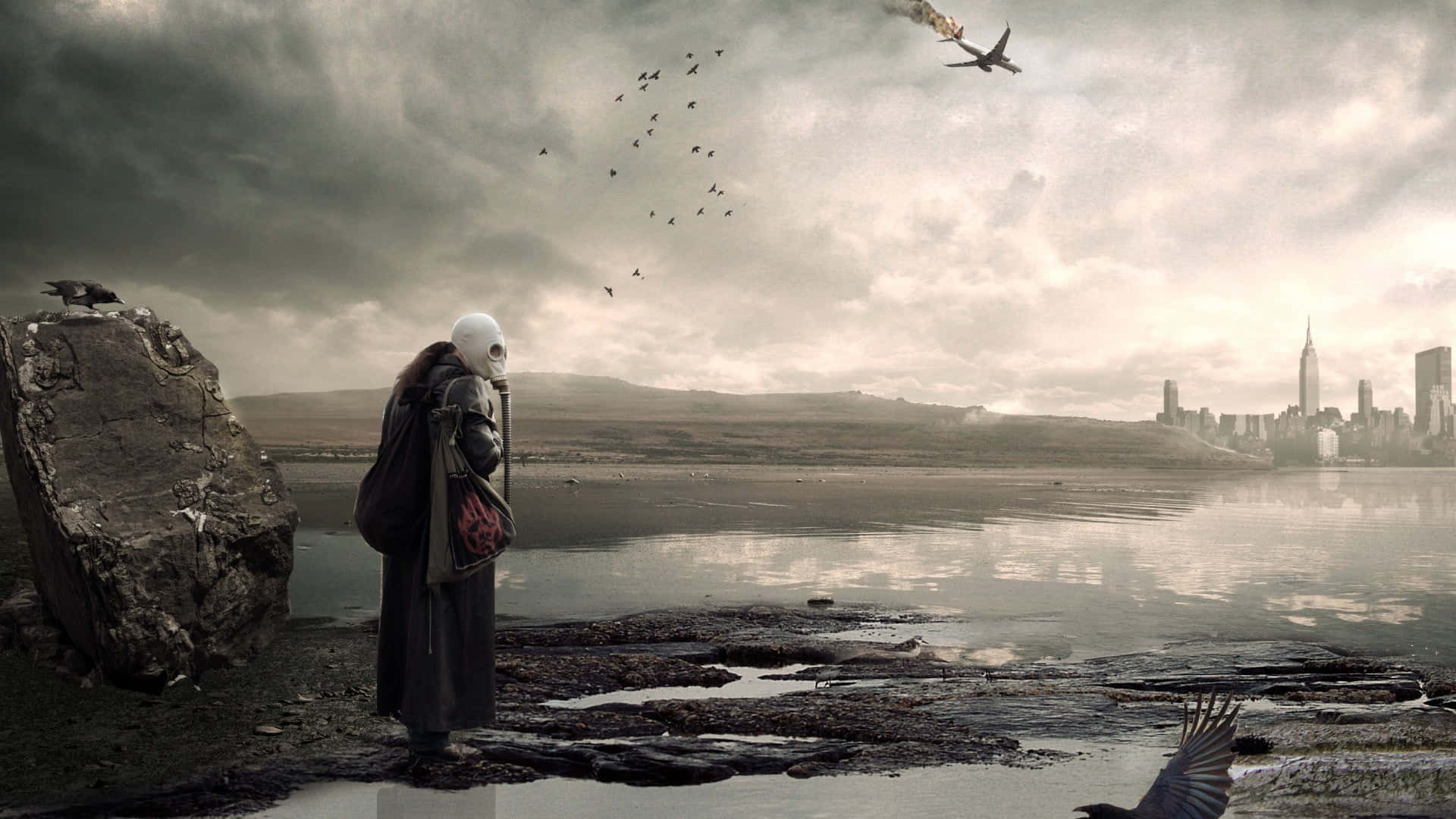 masked figure, desolate shoreline, distant city, Full HD Desktop Wallpaper