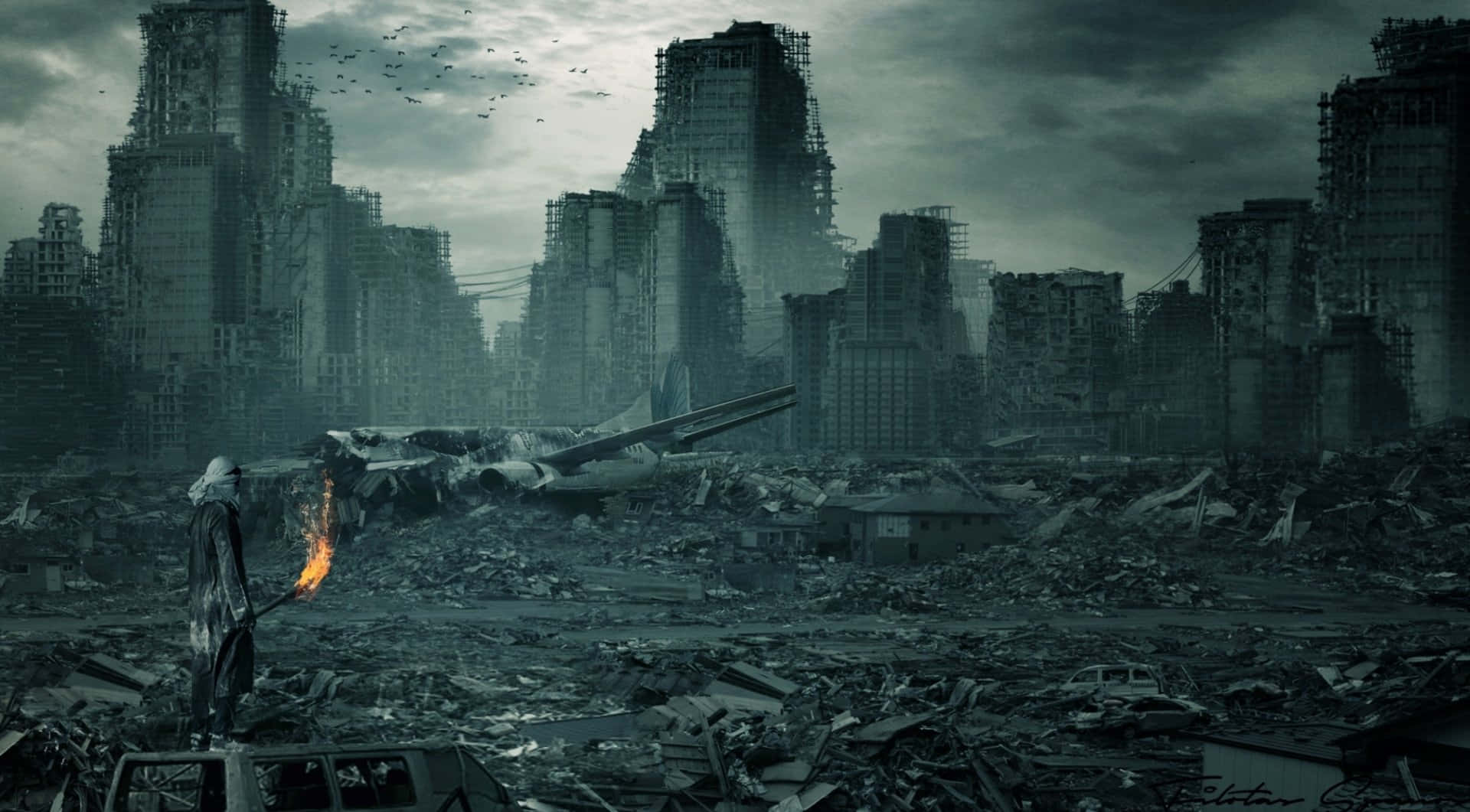 hooded figure, torch, rubble, Full HD Desktop Wallpaper
