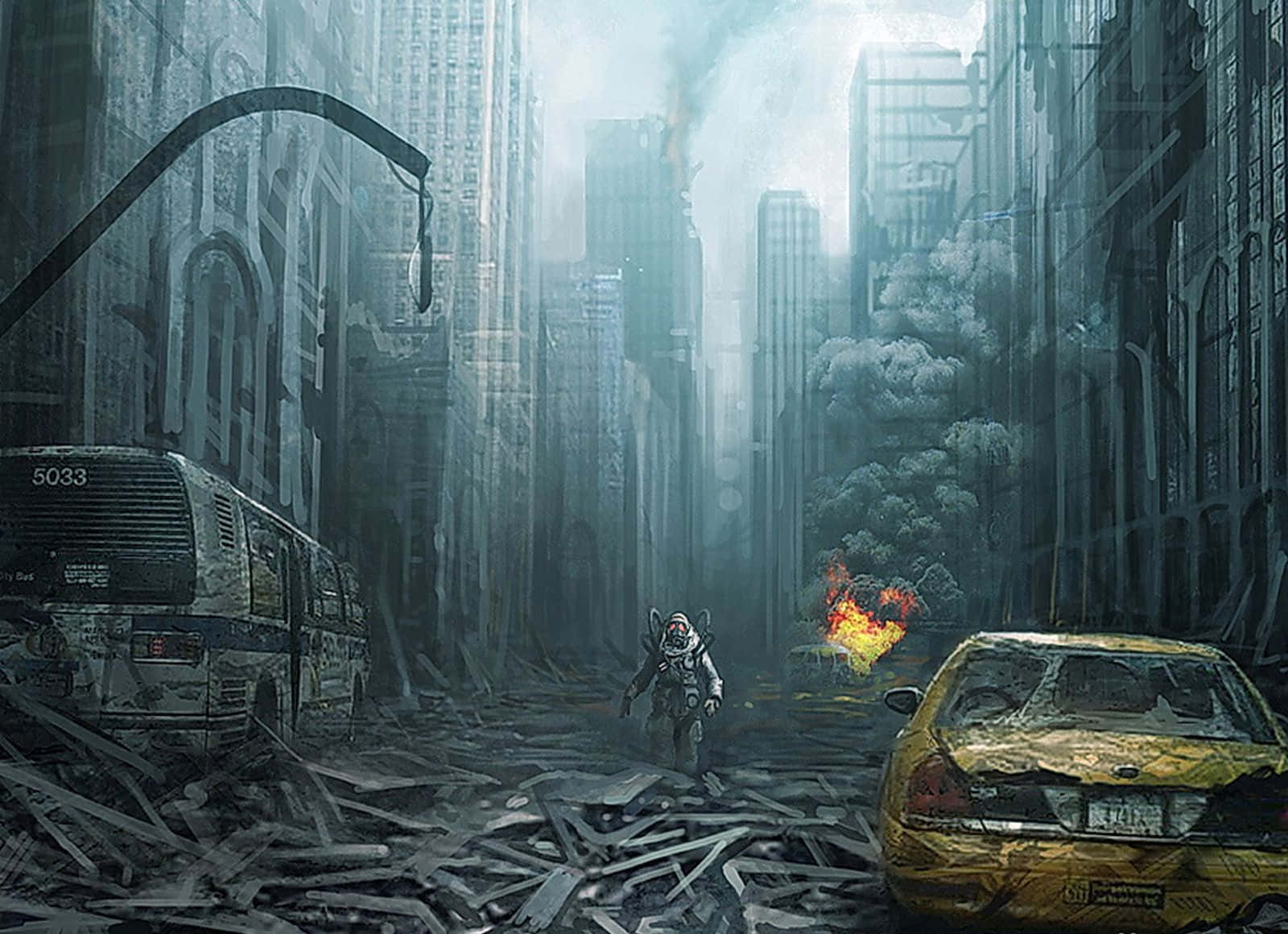 apocalypse, gas mask, ruined city street, HD Desktop Wallpaper