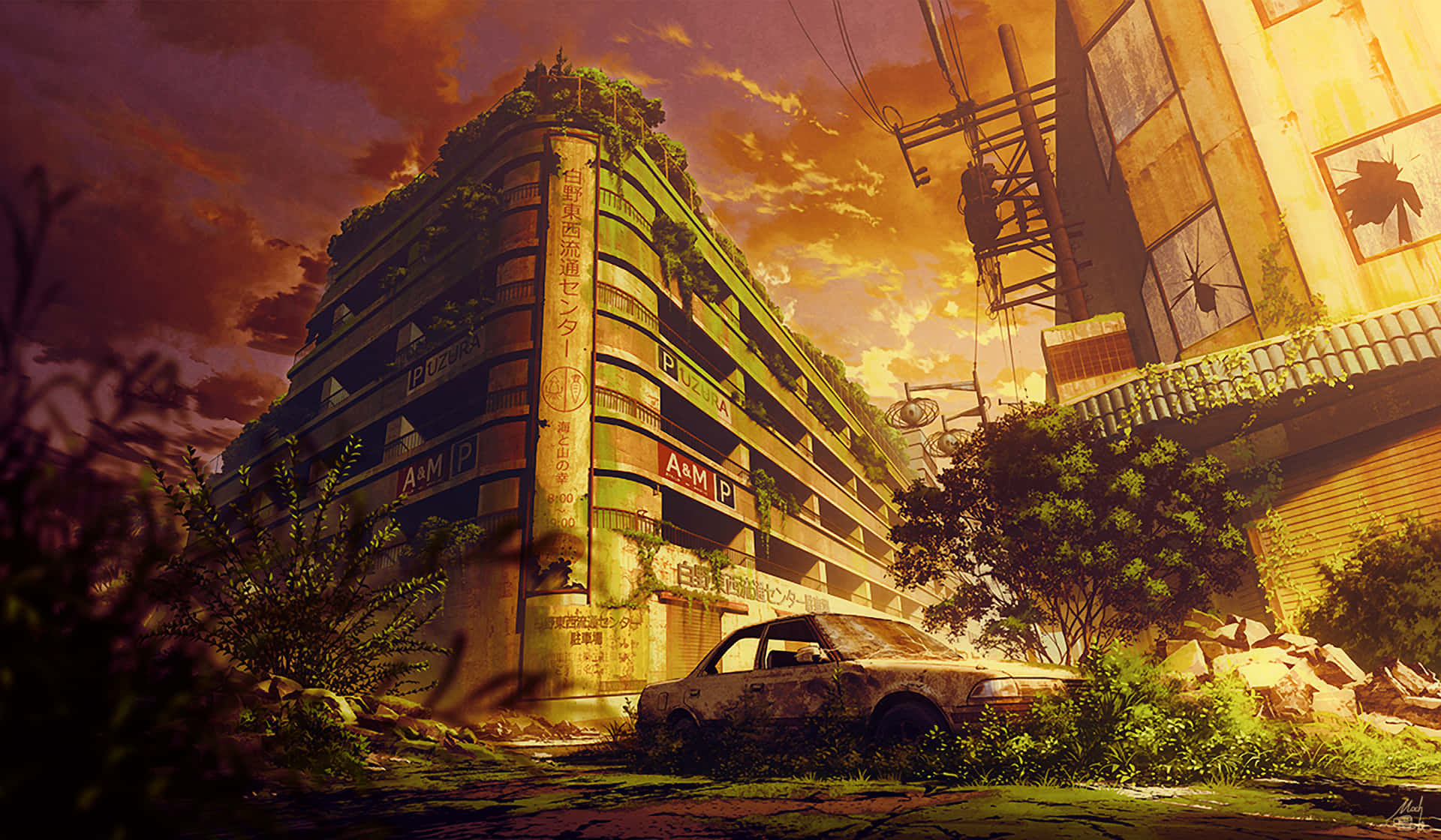 rusted car, decaying building, vines, Full HD Desktop Wallpaper