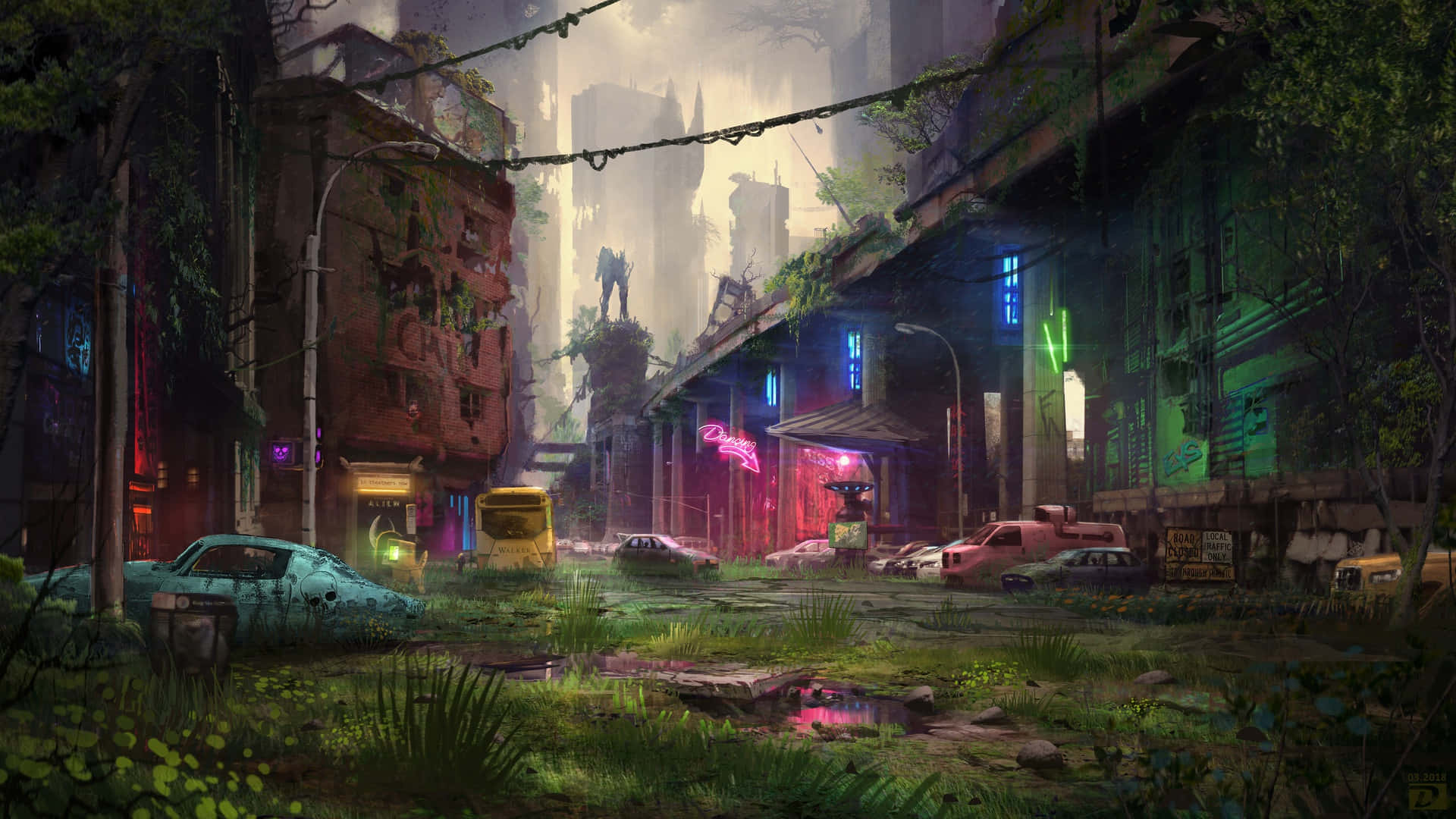 neon-lit city street, abandoned cars, vines creeping over decaying buildings, Full HD Desktop Wallpaper