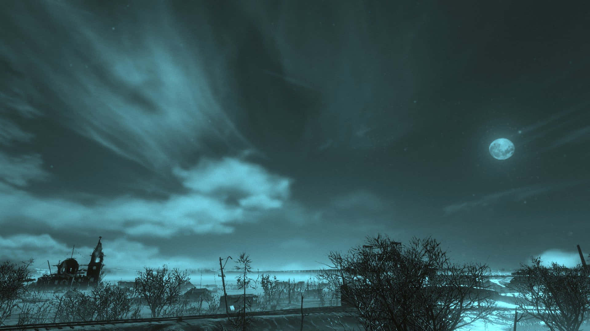 nuclear winter, moonlit landscape, barren trees, Full HD Desktop Wallpaper