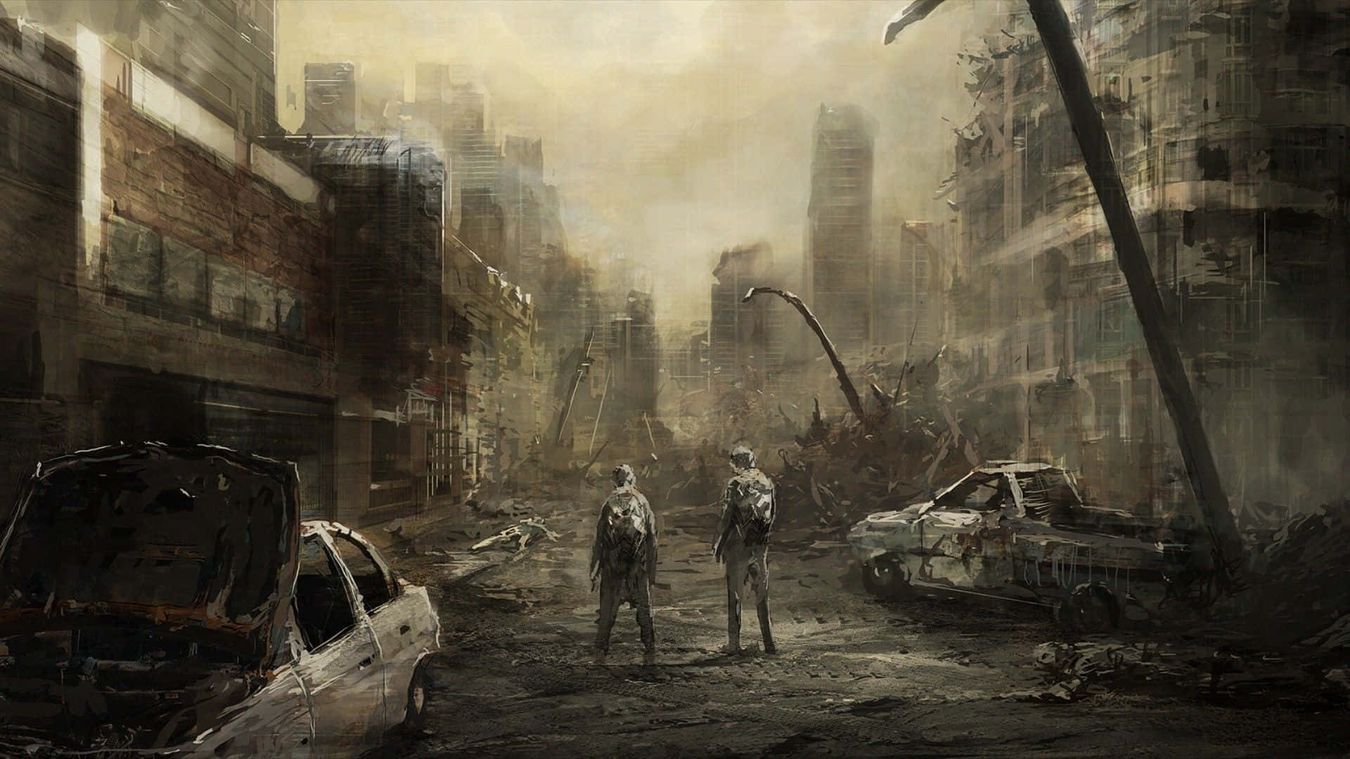 apocalypse, ruined city street, collapsed buildings, Full HD Desktop Wallpaper