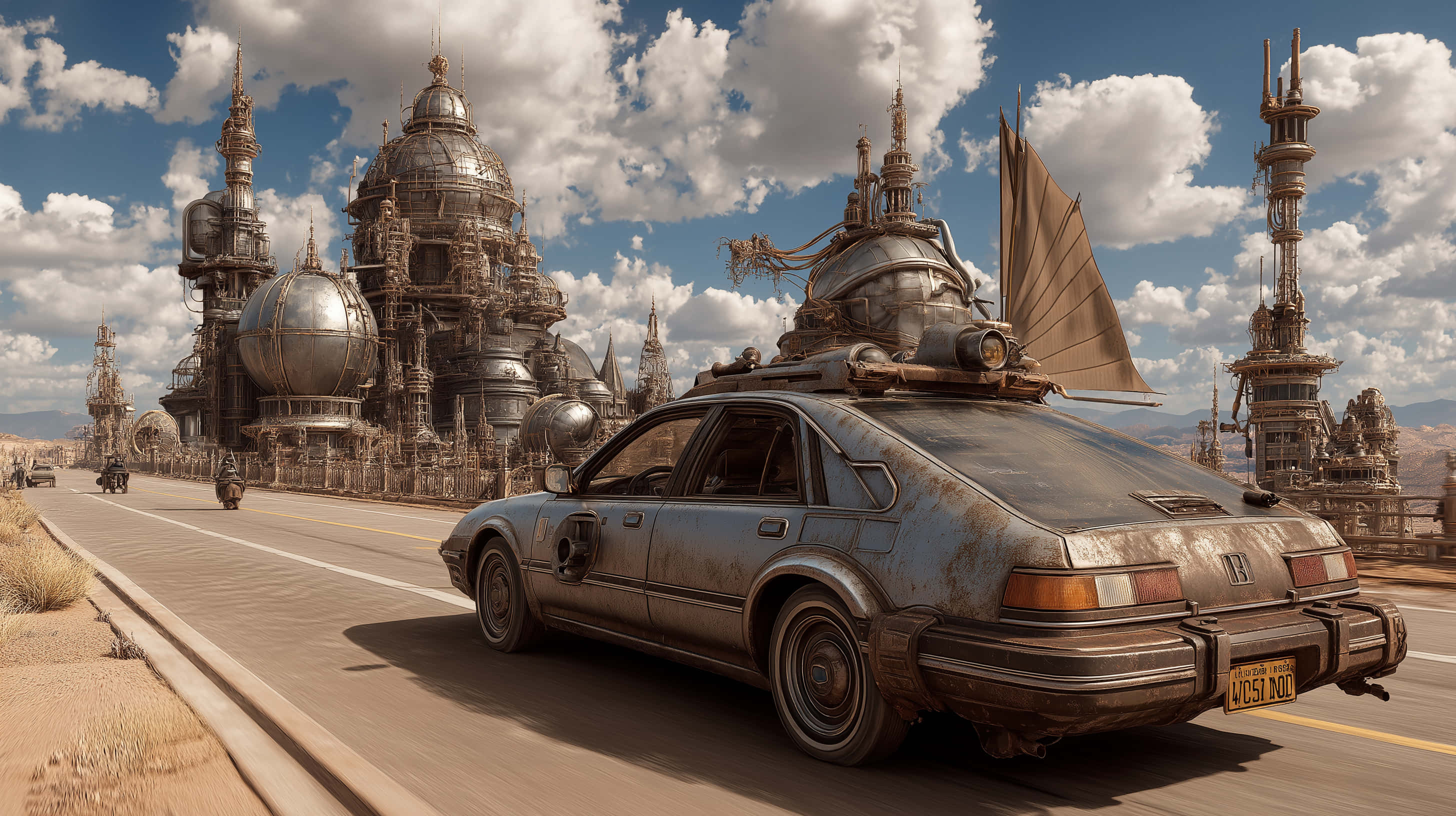 rusted sedan, sail, gear, 2K Desktop Wallpaper