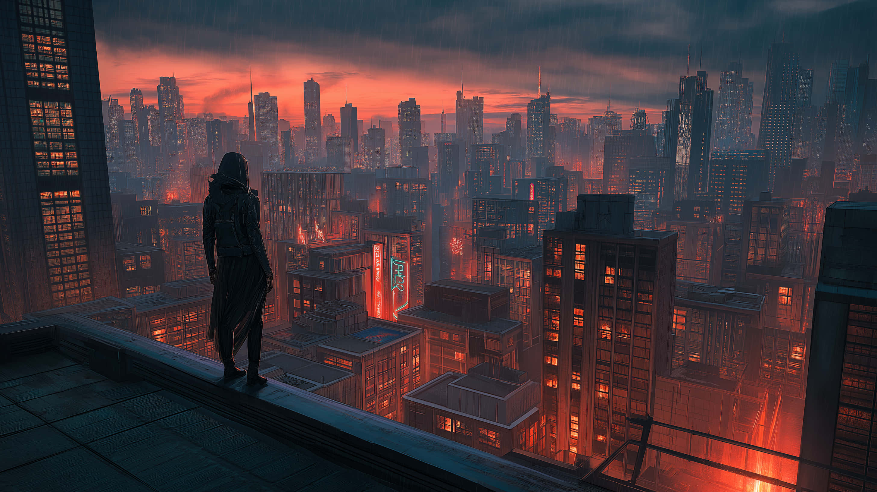 hooded figure, rooftop, rain-slicked cityscape, 2K Desktop Wallpaper