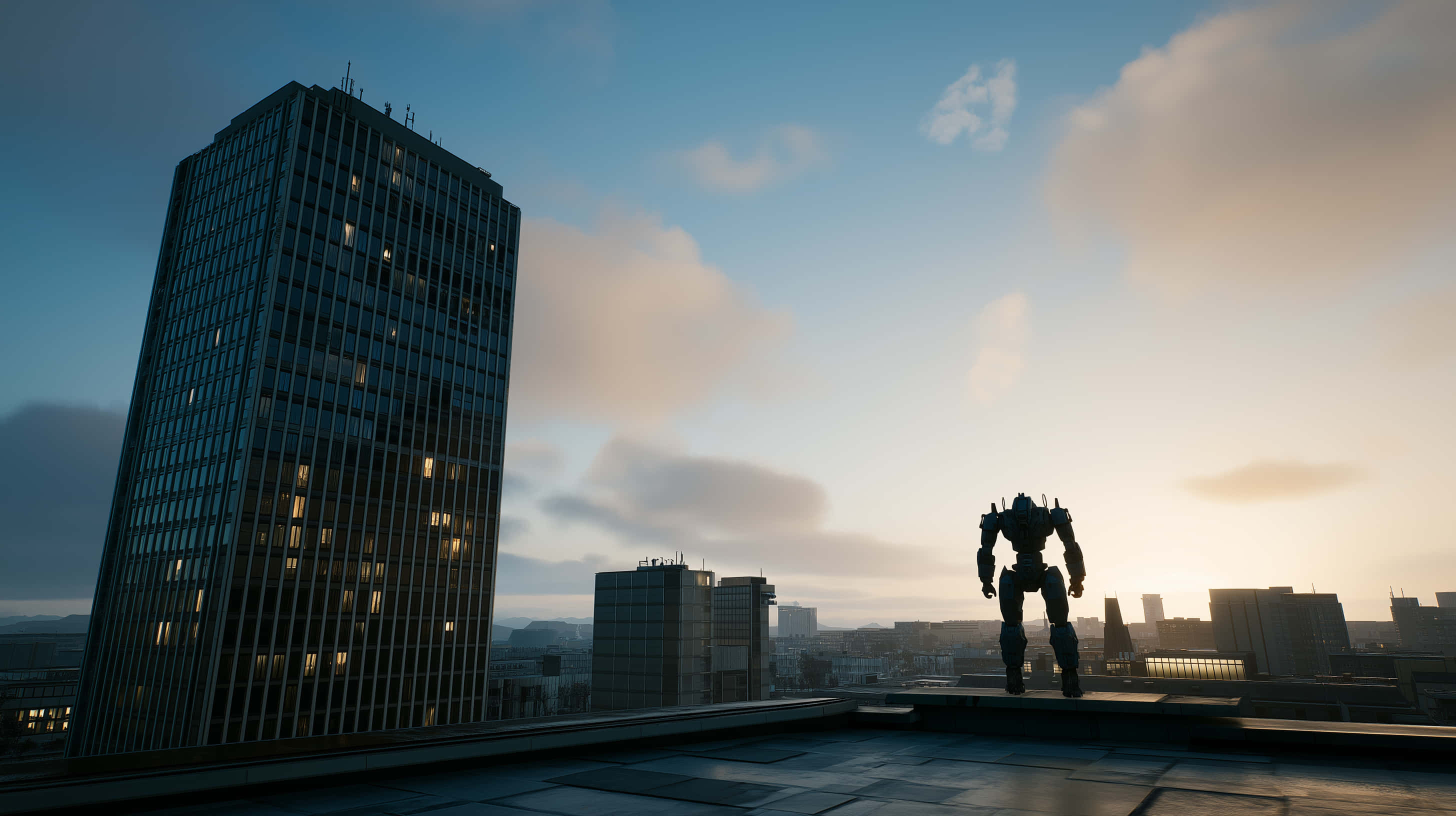 mech warrior, rooftop, cyberpunk dystopian cityscape, 2K Desktop Wallpaper