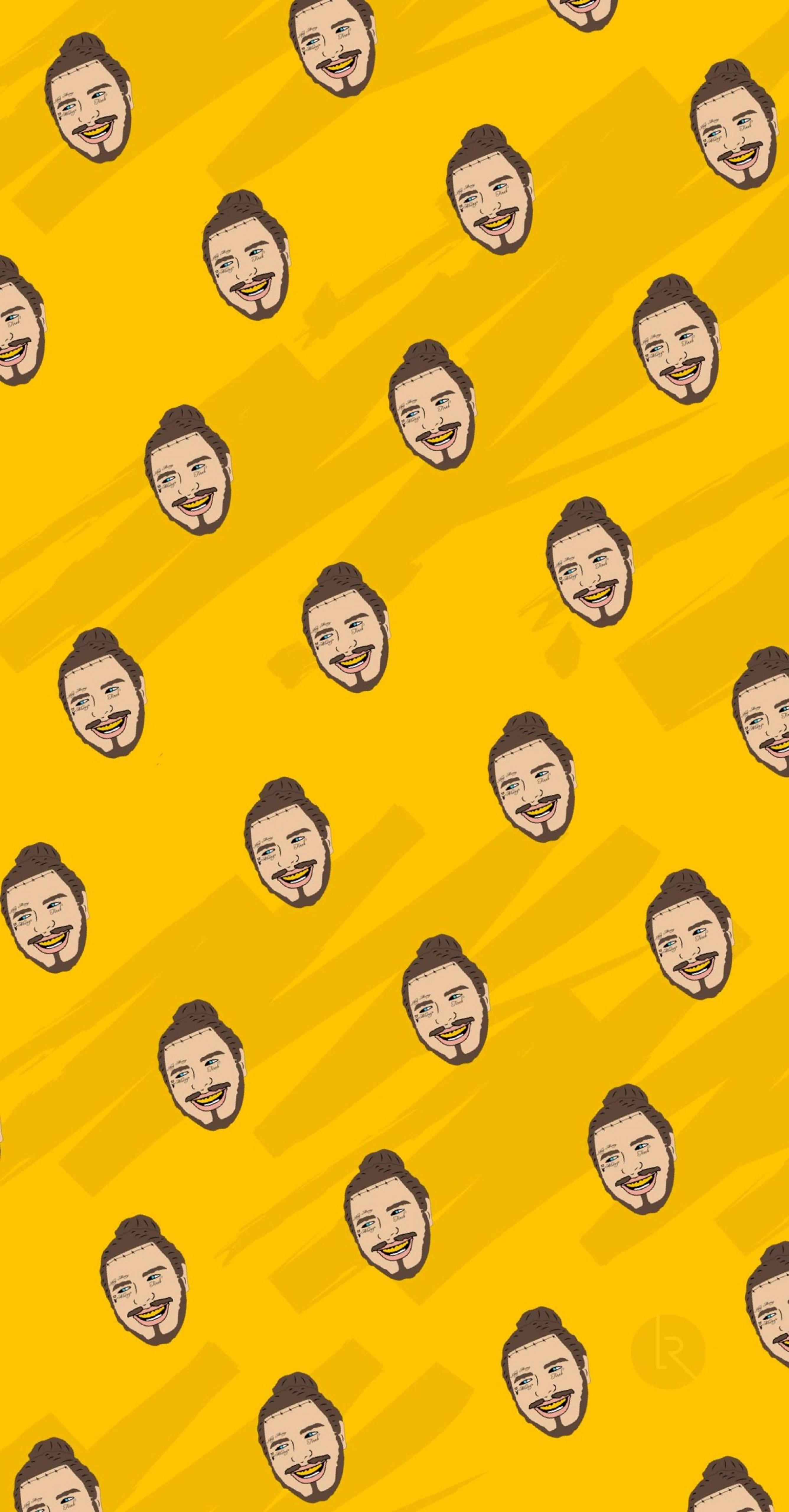Post Malone, yellow pattern, repeating cartoon faces, 5K Phone Wallpaper