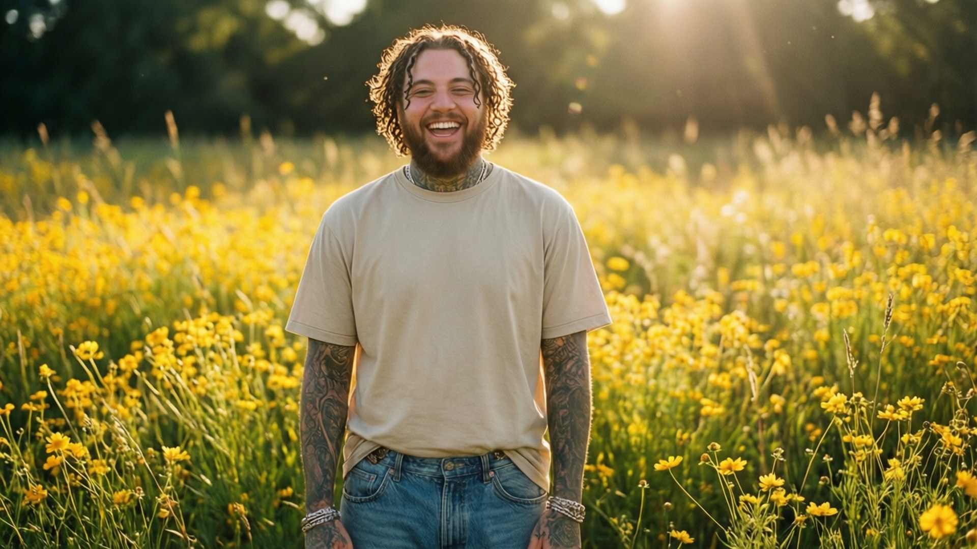 Post Malone, field of yellow flowers, smiling, Full HD Desktop Wallpaper
