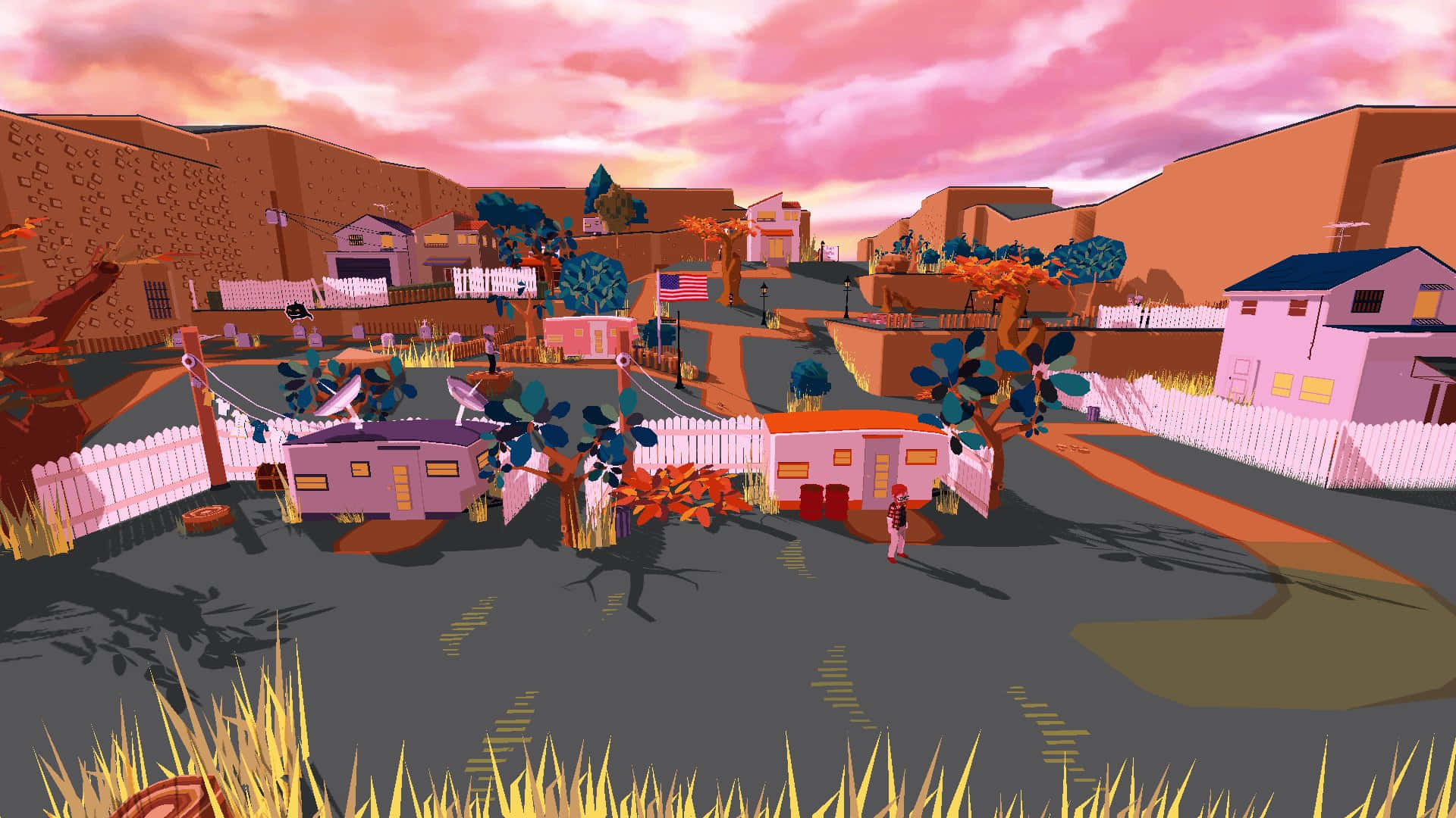postmodernism, pastel houses, vibrant pink skies, Full HD Desktop Wallpaper