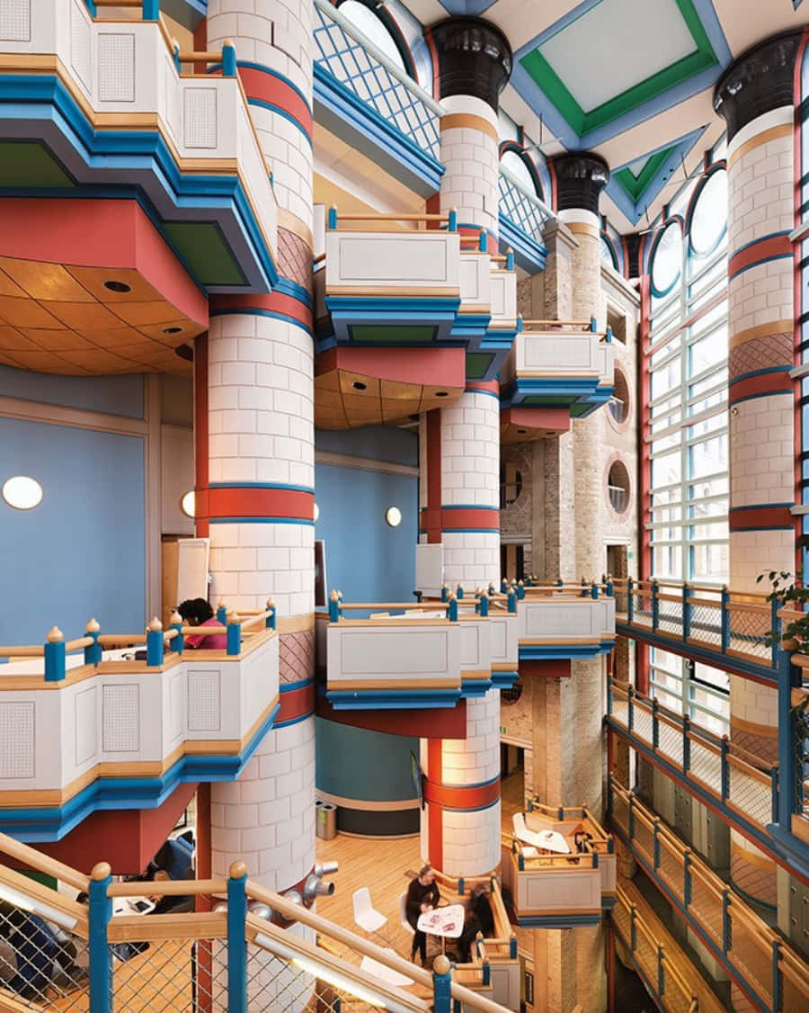 Postmodernism, multi-level atrium, colorful tiled columns, SD Phone Wallpaper