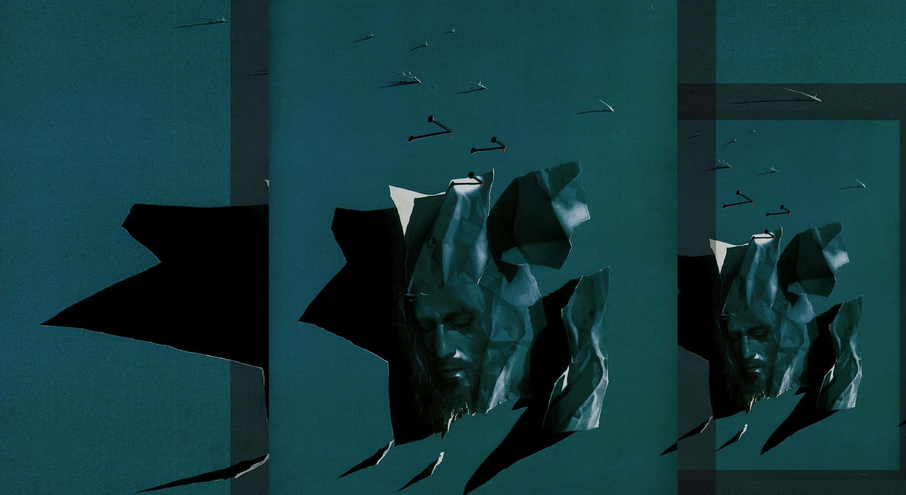 Postmodernism, teal background, fragmented metallic face, HD Desktop Wallpaper