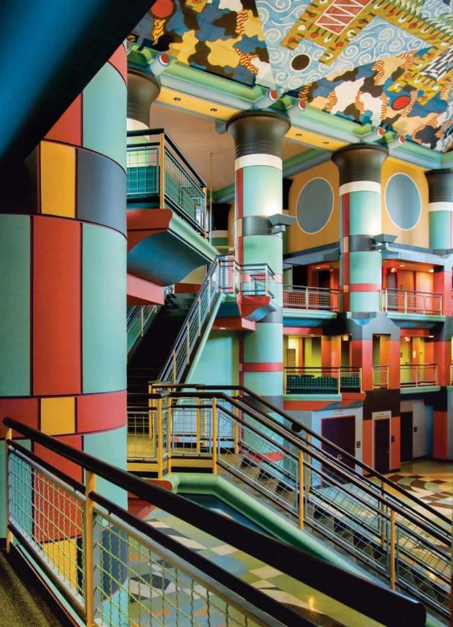 Postmodernism, geometrically patterned interior, colorful pillars, SD Phone Wallpaper