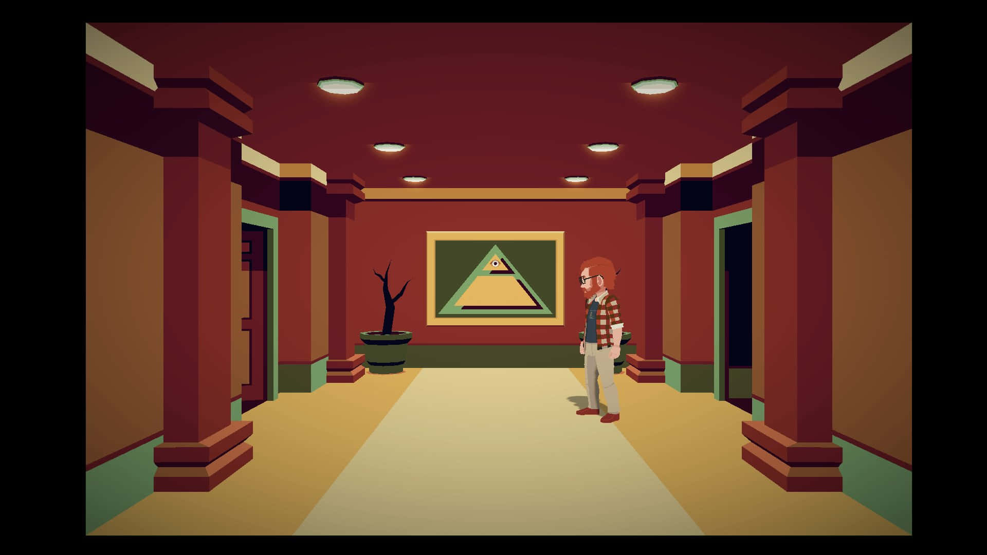 postmodernism, pixel-art character, warmly lit hallway, Full HD Desktop Wallpaper