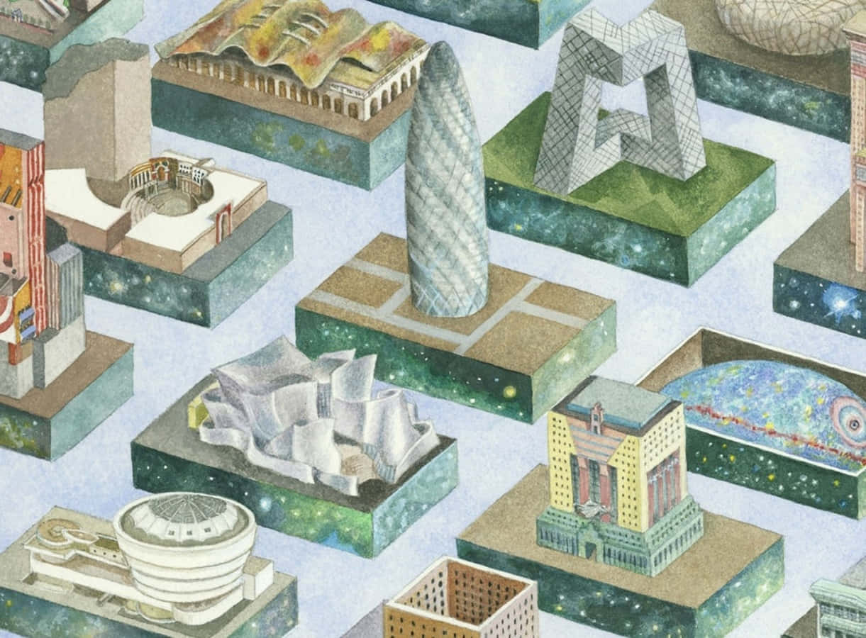 Postmodernism, starry cosmic backdrop, floating architectural models, SD Desktop Wallpaper