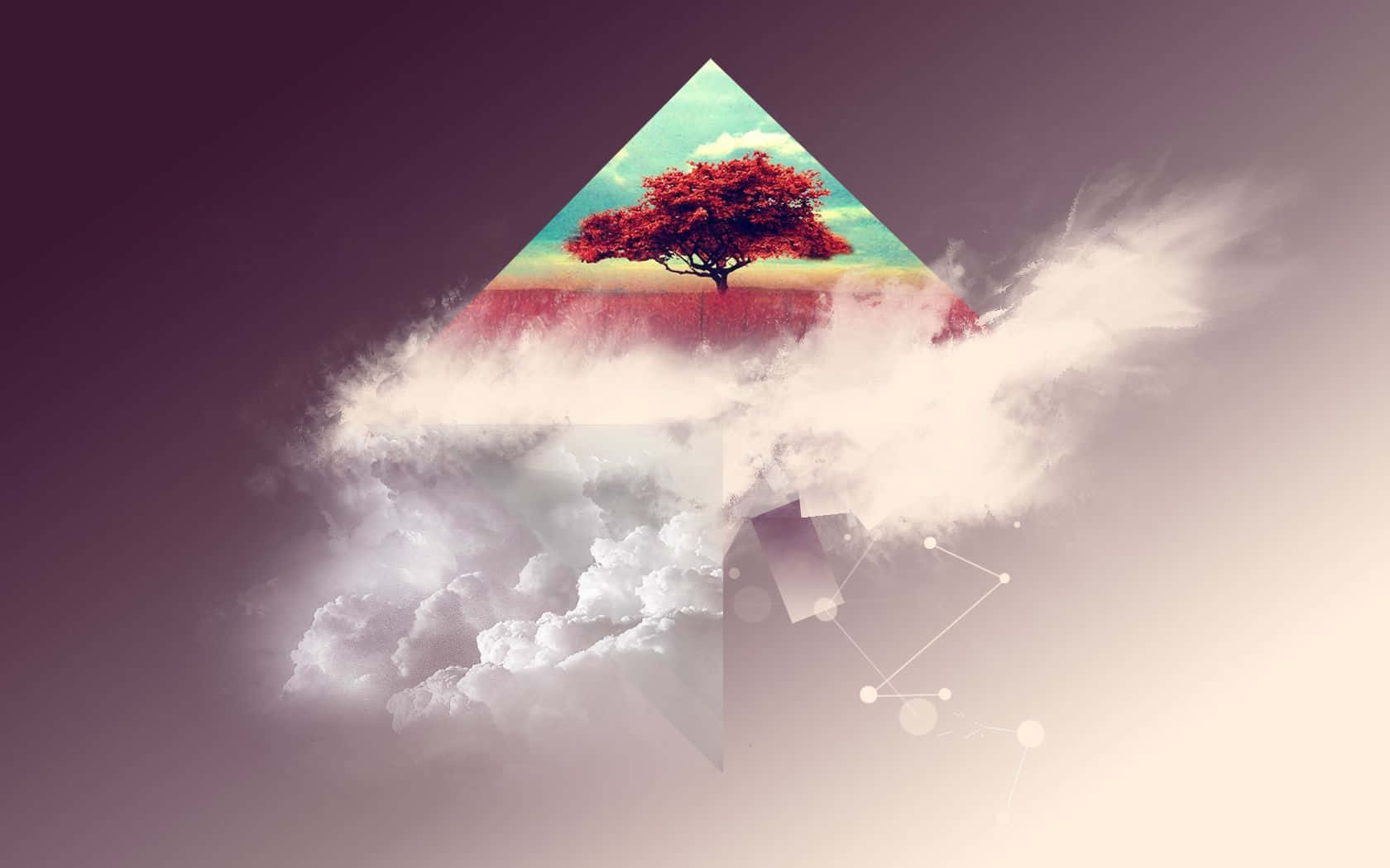 postmodernism, red tree, triangular mountain peak, HD Desktop Wallpaper