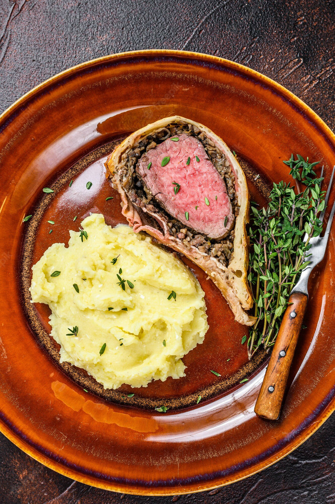 Beef Wellington, rosemary, mashed potatoes, Full HD Phone Wallpaper