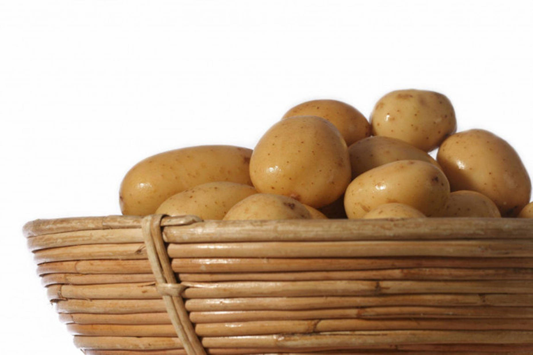 woven wicker basket, smooth brown potatoes, stark white background, HD Desktop Wallpaper
