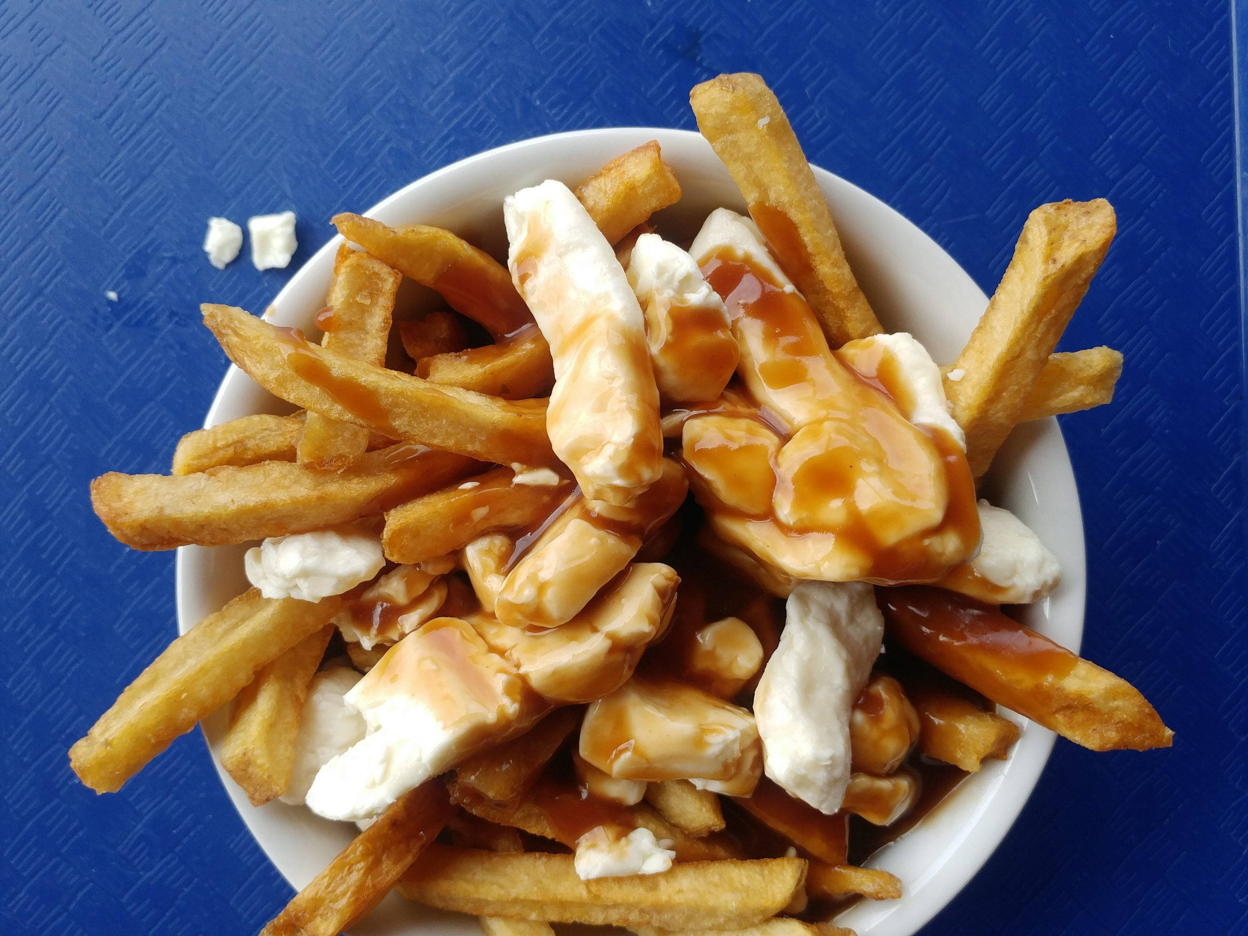 bowl of homemade poutine, white bowl, golden fries, 2K Desktop Wallpaper