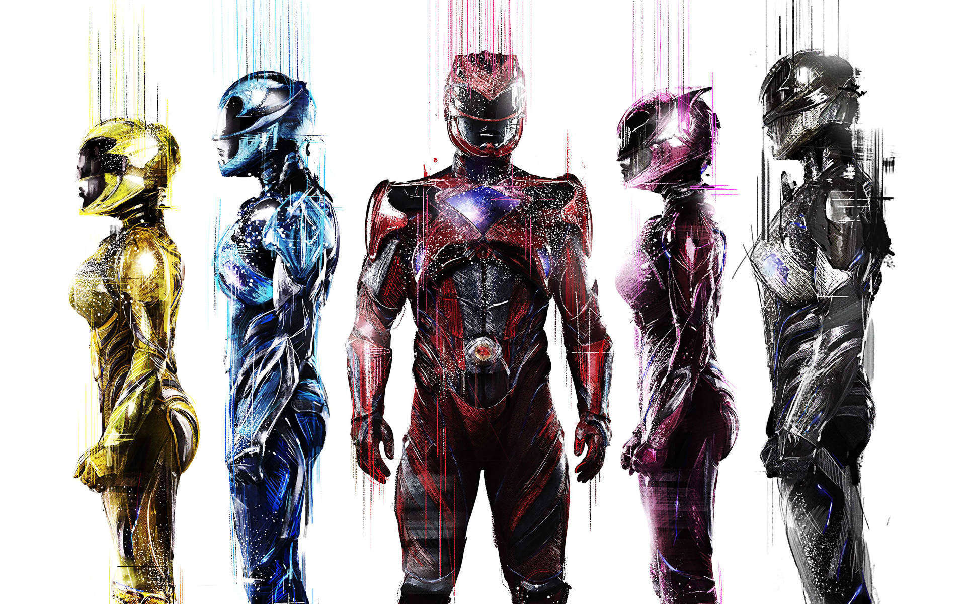 Power Rangers, metallic suits, digital glitch effects, Full HD Desktop Wallpaper