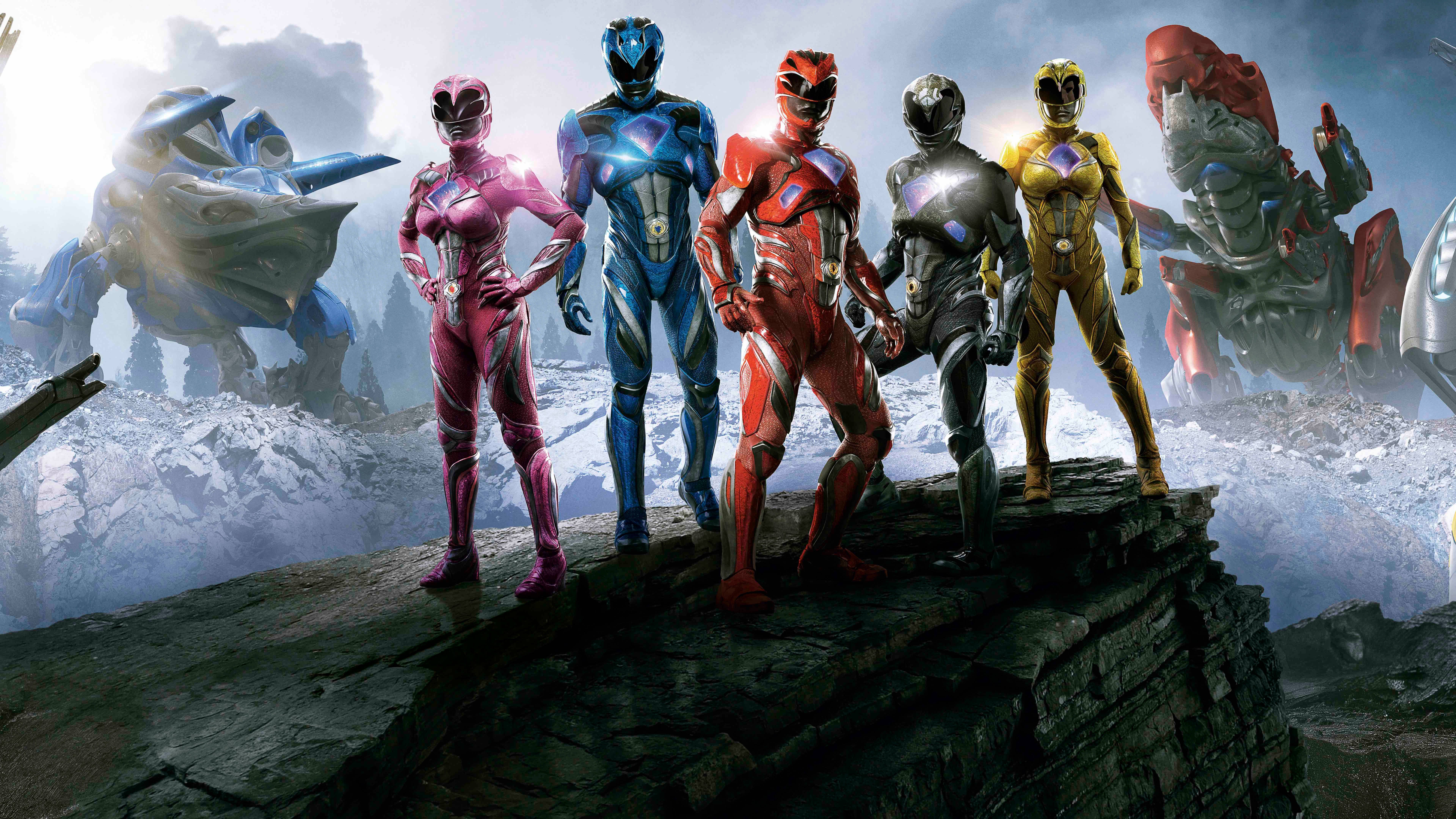 Power Rangers, colorful suits, rocky cliff, 8K Desktop Wallpaper