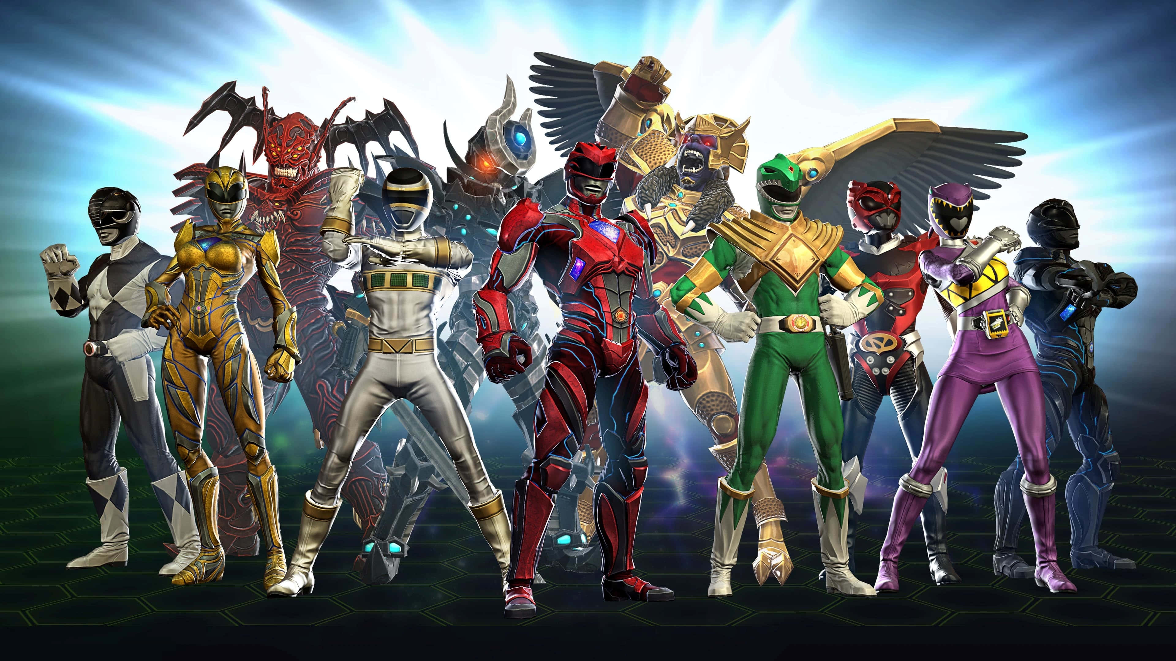 Power Rangers, colorful armored suits, glowing blue and green energy backdrop, 4K Desktop Wallpaper