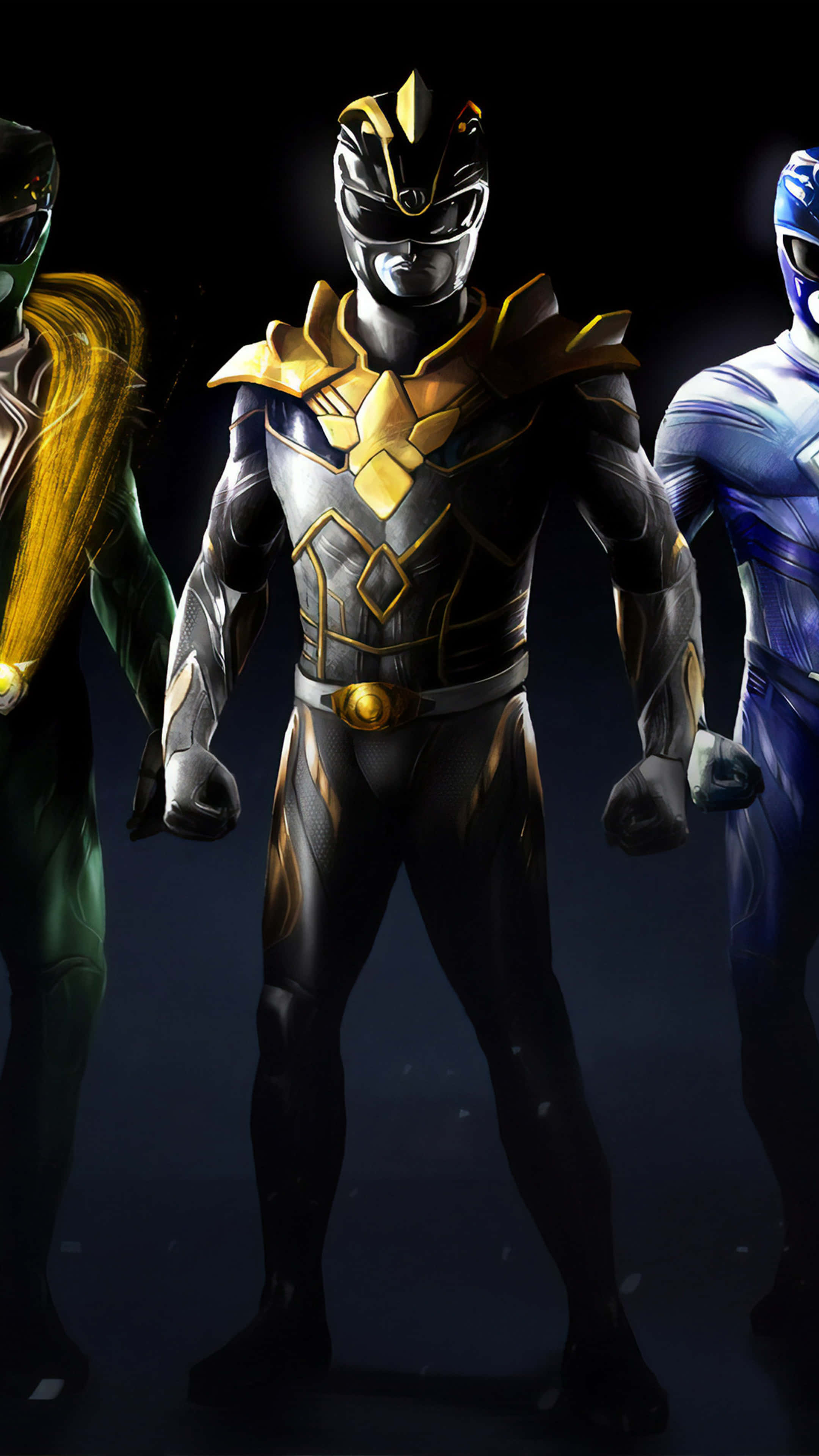 Power Rangers, black gold and blue armor, dark background, 4K Phone Wallpaper