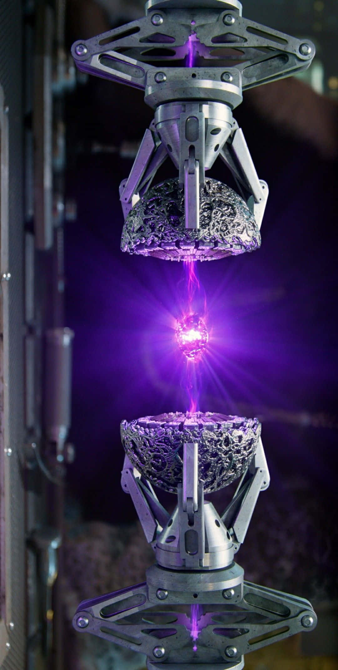 Power Stone, glowing purple energy beam, metallic robotic arms, Full HD Phone Wallpaper