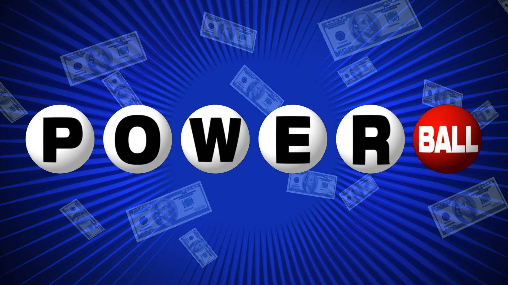 Powerball, dollar bills, blue radial background, Full HD Desktop Wallpaper