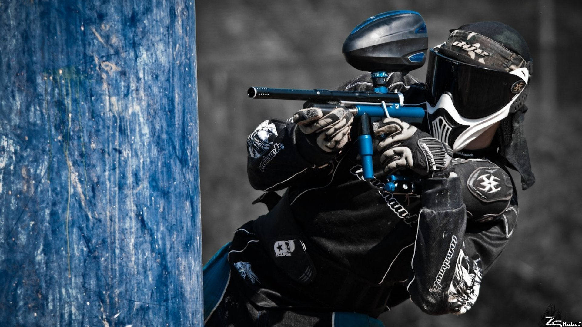 paintball player, black and white gear, weathered blue wall, Full HD Desktop Wallpaper