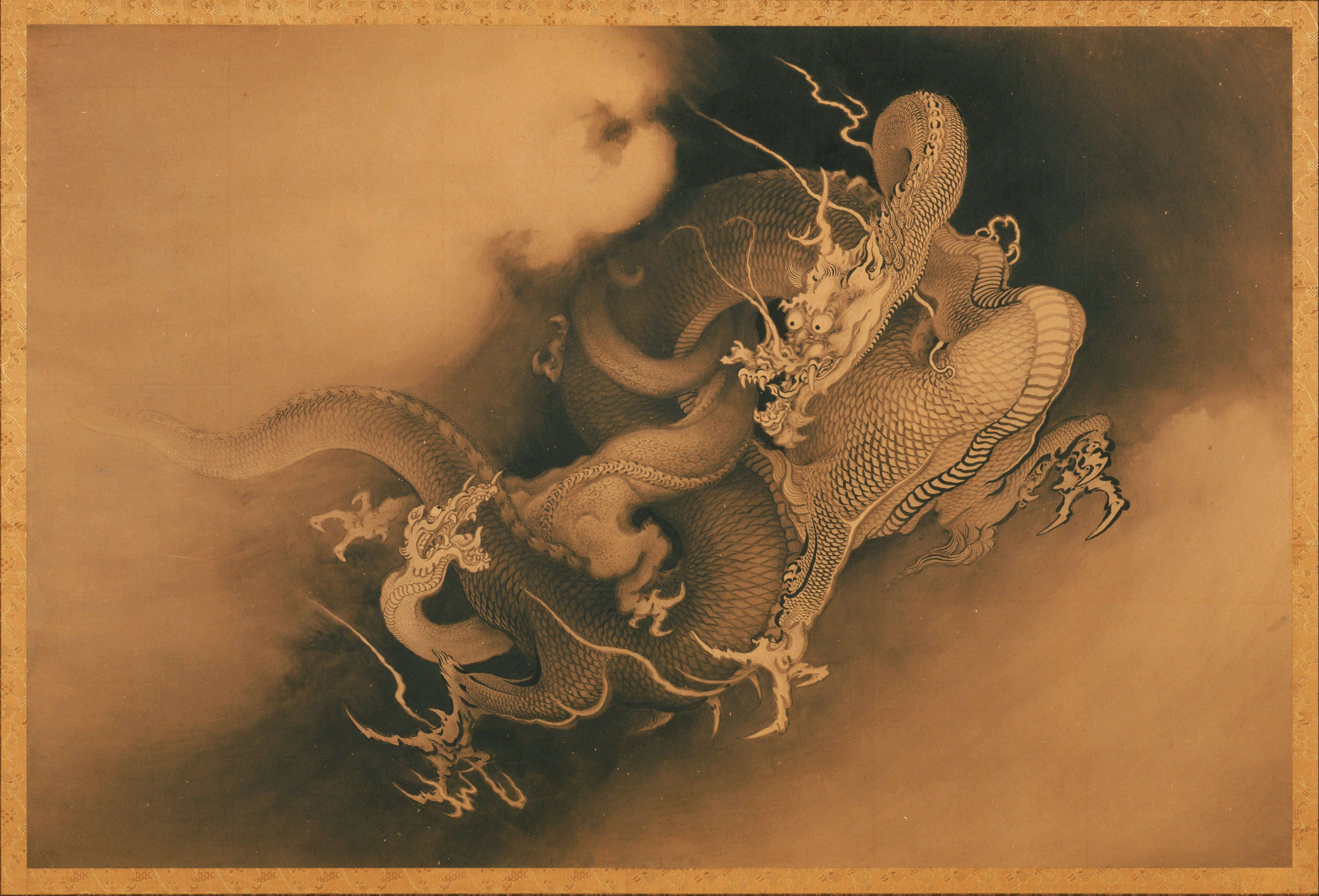 Japanese dragon, swirling clouds, sepia-toned ink wash painting, 5K Desktop Wallpaper
