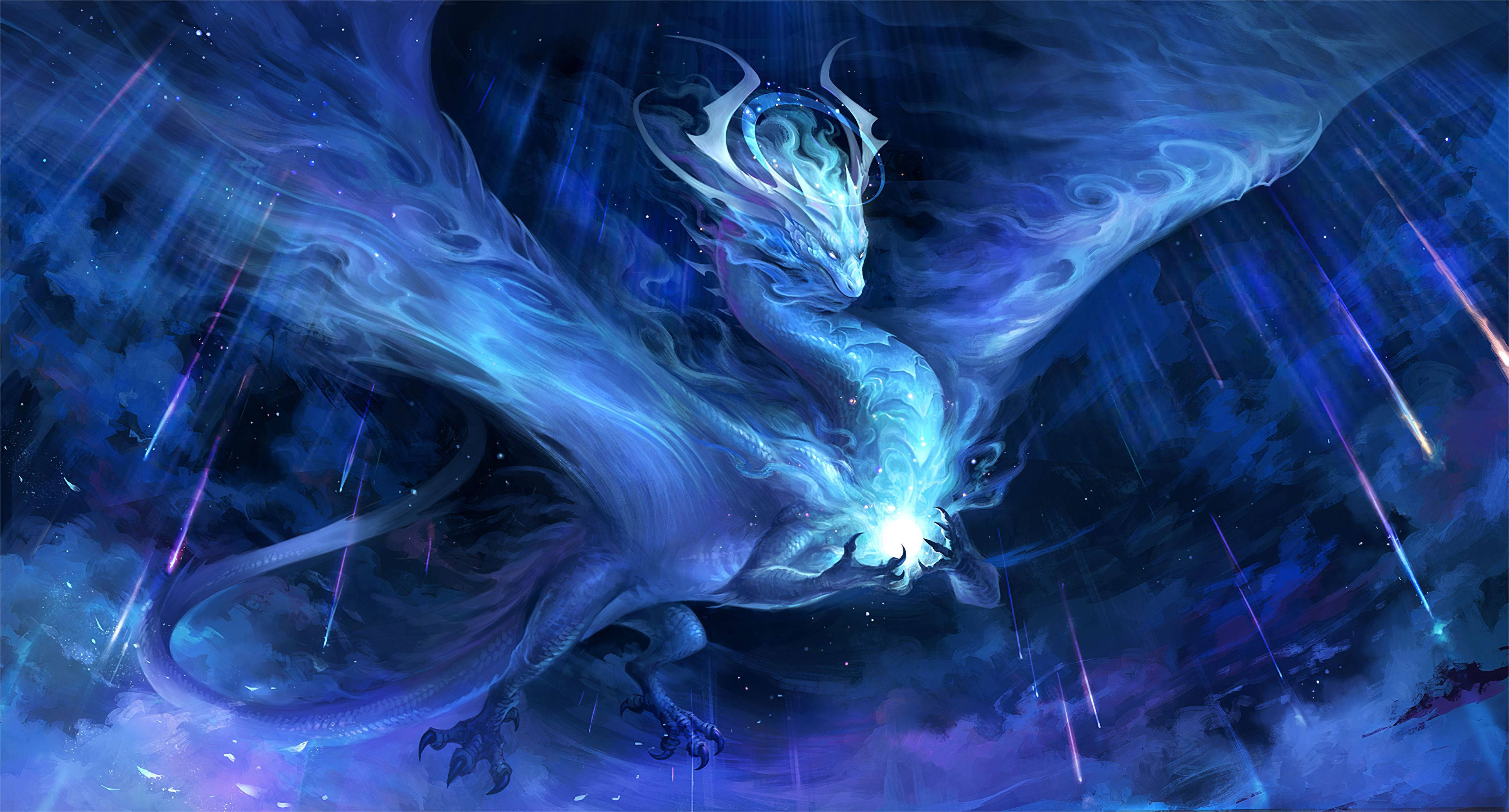 Galaxy Dragon, glowing blue, cosmic storm, 4K Desktop Wallpaper