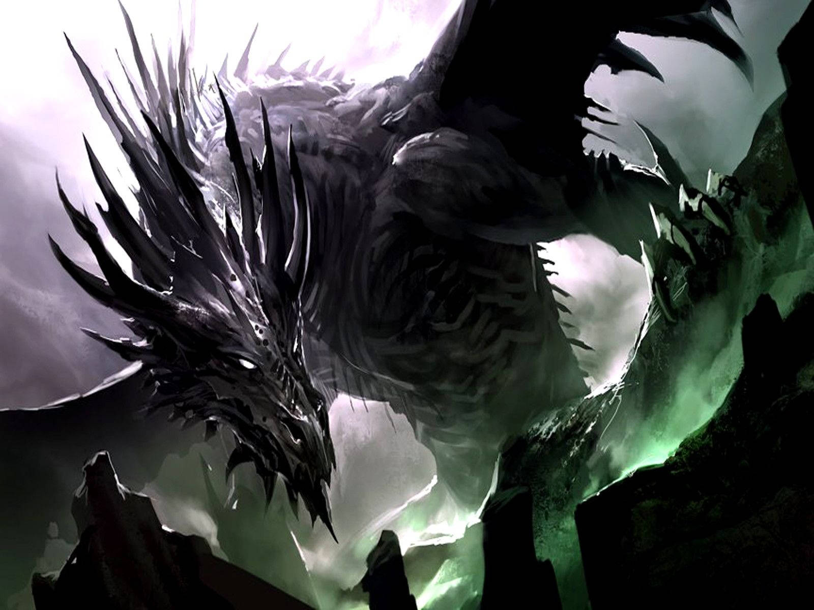 Fiery Spiky Dragon, spiked wings, glowing green eyes, HD Desktop Wallpaper