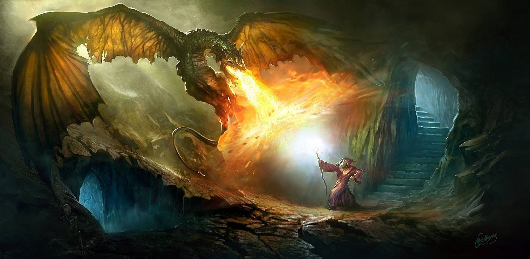 wizard, massive dragon, cave, Full HD Desktop Wallpaper