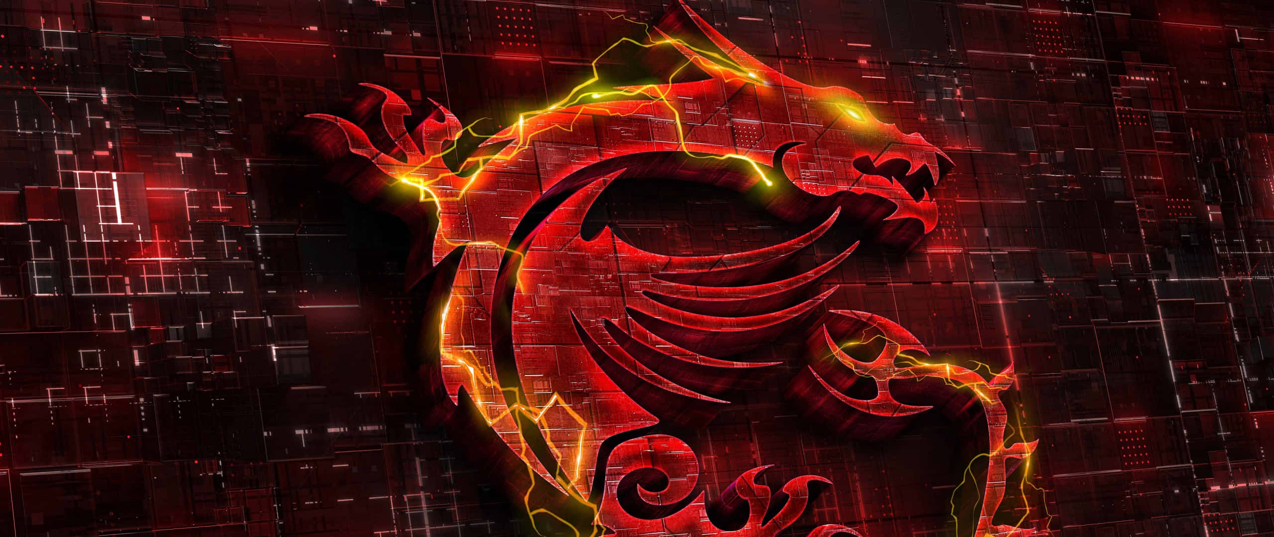 Fiery Dragon Emblem, fiery red dragon, glowing yellow lightning, 2K Desktop Wallpaper