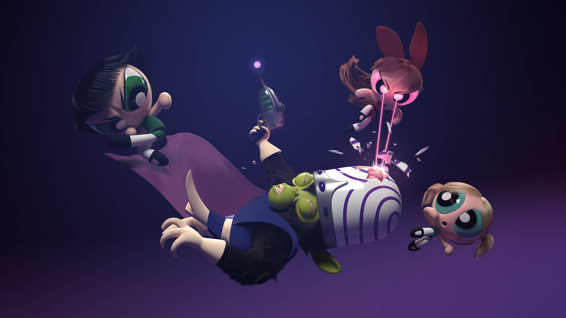 Powerpuff Girls, 3D art, glowing weapons, Full HD Desktop Wallpaper