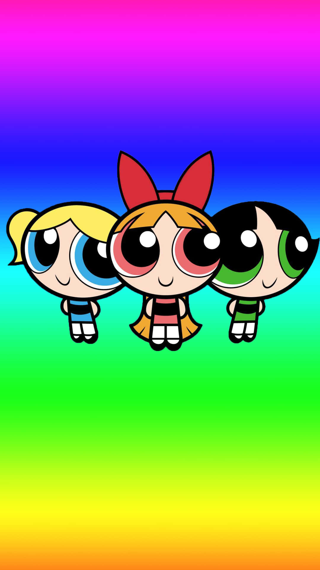 Powerpuff Girls, rainbow gradient background, three cartoon girls, Full HD Phone Wallpaper