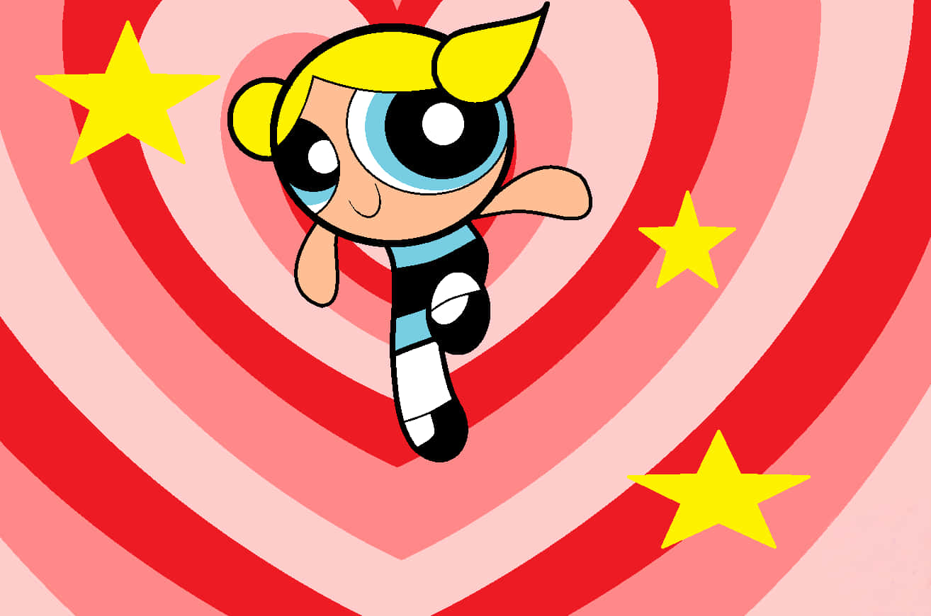 Powerpuff Girls Bubbles, red pink heart background, yellow stars, HD Desktop Wallpaper