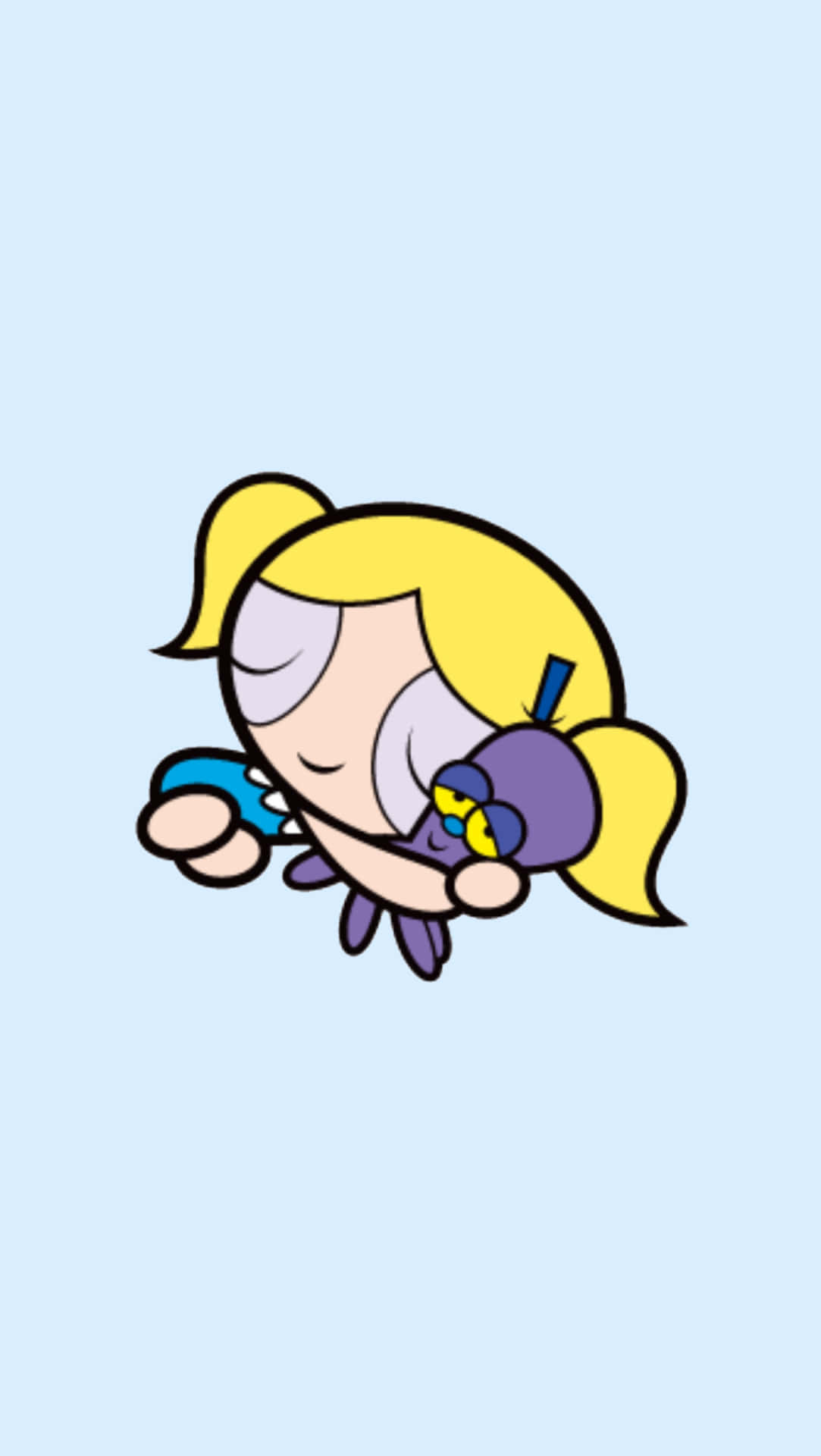 Powerpuff Girls Bubbles, yellow pigtails, purple plush toy, Full HD Phone Wallpaper