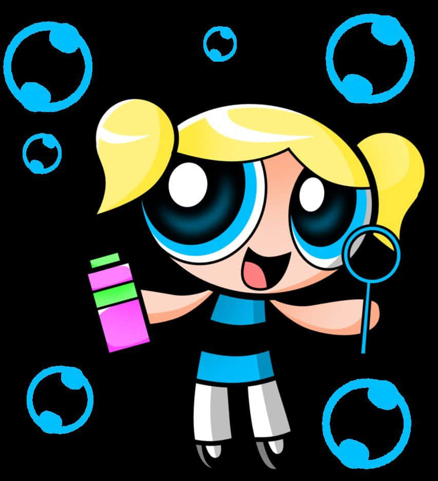 Powerpuff Girls Bubbles, blonde pigtails, oversized blue eyes, SD Phone Wallpaper