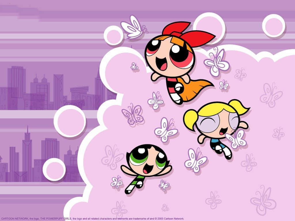 Powerpuff Girls, purple cityscape, butterfly motifs, SD Desktop Wallpaper