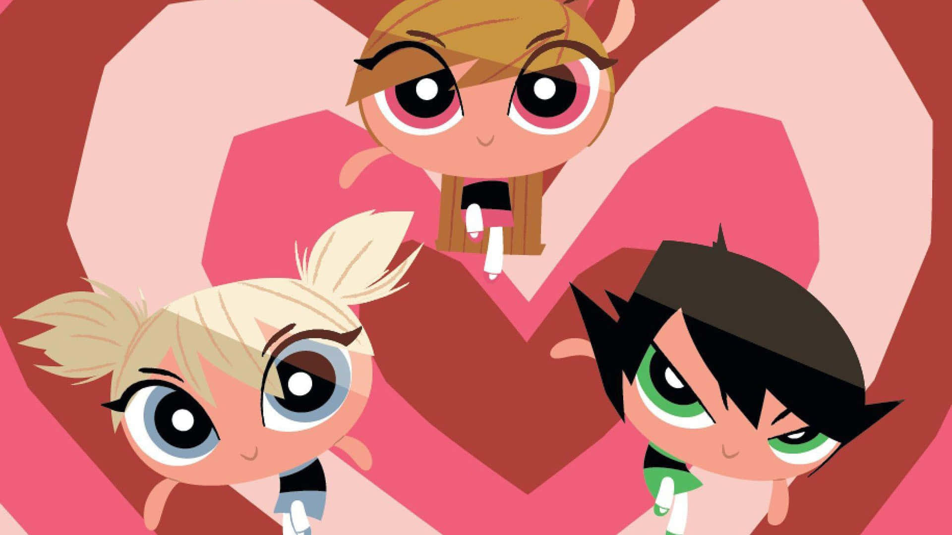 Powerpuff Girls, pink heart-shaped background, big eyes, Full HD Desktop Wallpaper