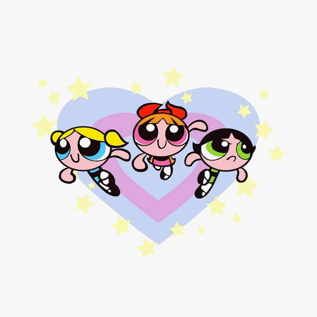 Powerpuff Girls, heart-shaped background, yellow stars, SD Desktop Wallpaper