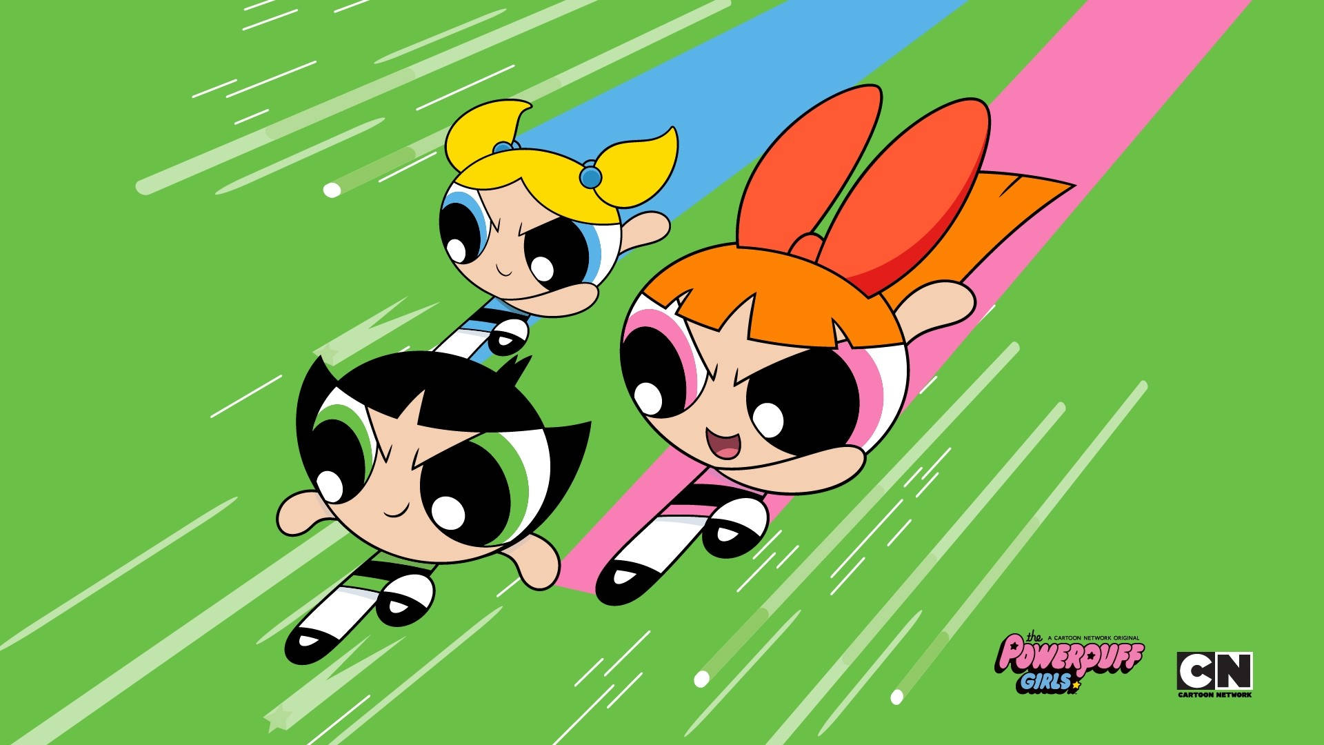 Powerpuff Girls, green background, motion streaks, Full HD Desktop Wallpaper